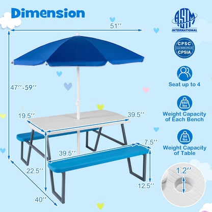 Kids Picnic Table with Benches and Umbrella - Seats 4