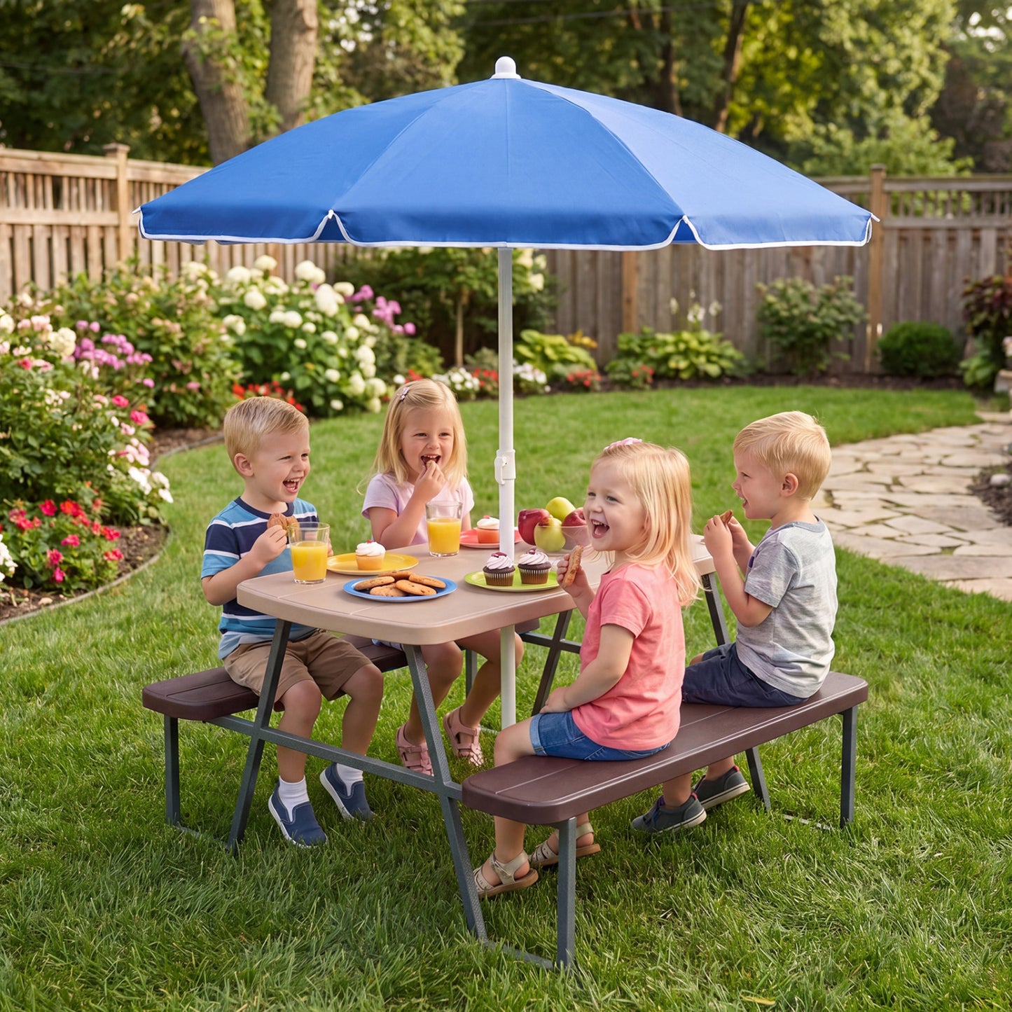 Kids Picnic Table with Benches and Umbrella - Seats 4