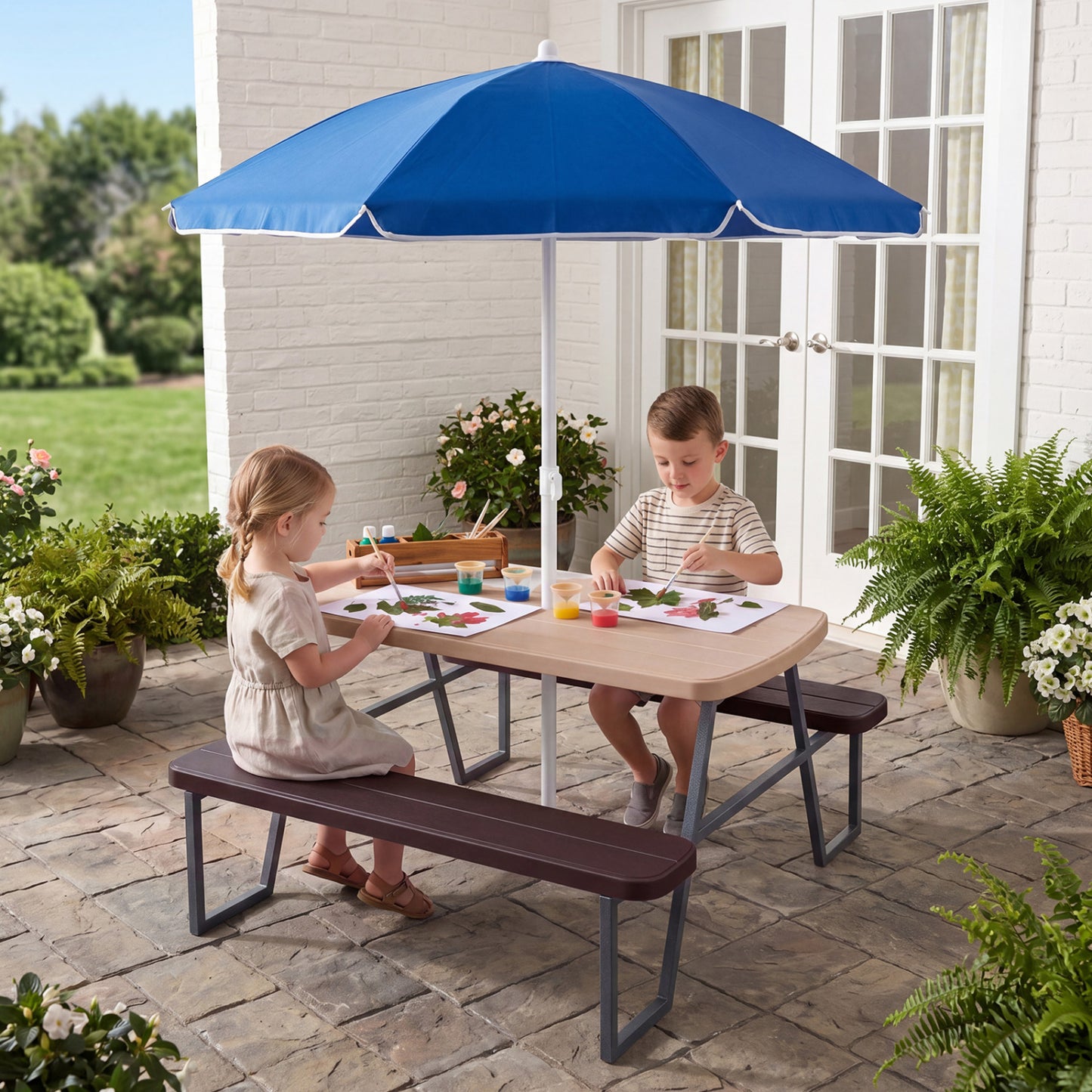 Kids Picnic Table with Benches and Umbrella - Seats 4