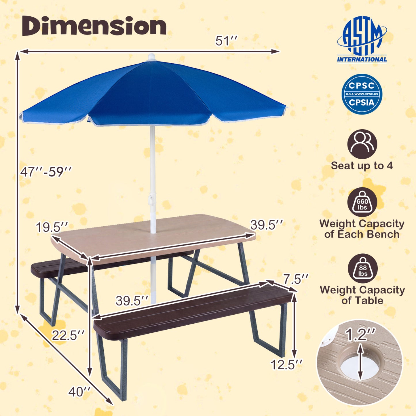 Kids Picnic Table with Benches and Umbrella - Seats 4