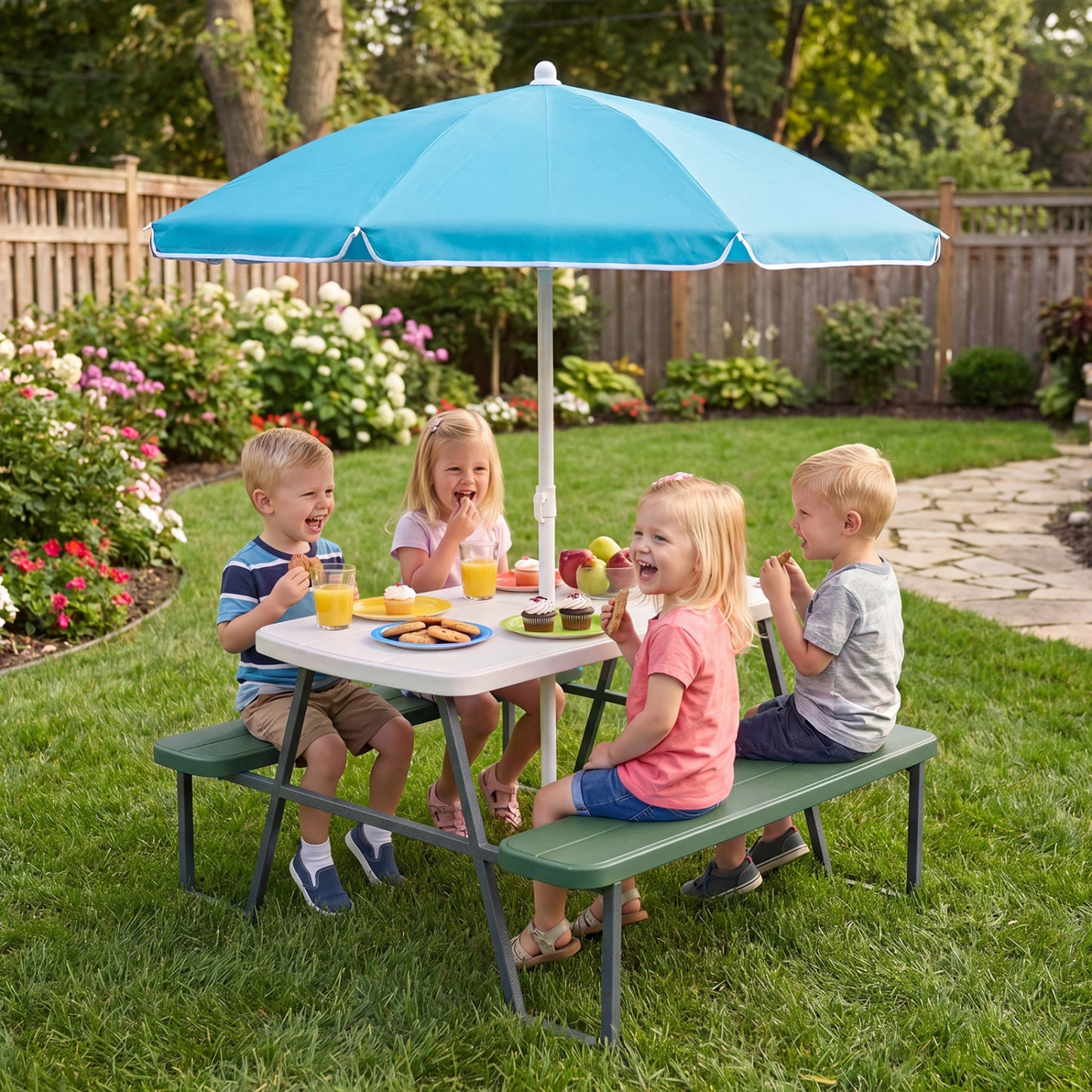 Kids Picnic Table with Benches and Umbrella - Seats 4