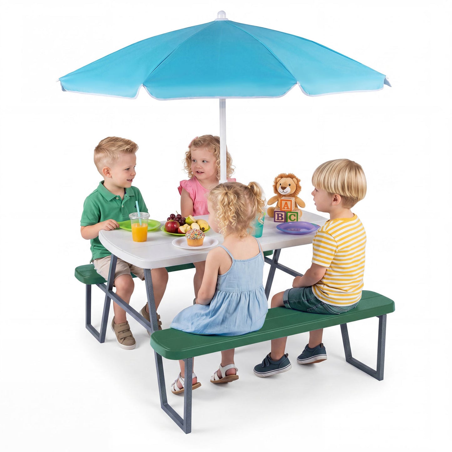 Kids Picnic Table with Benches and Umbrella - Seats 4