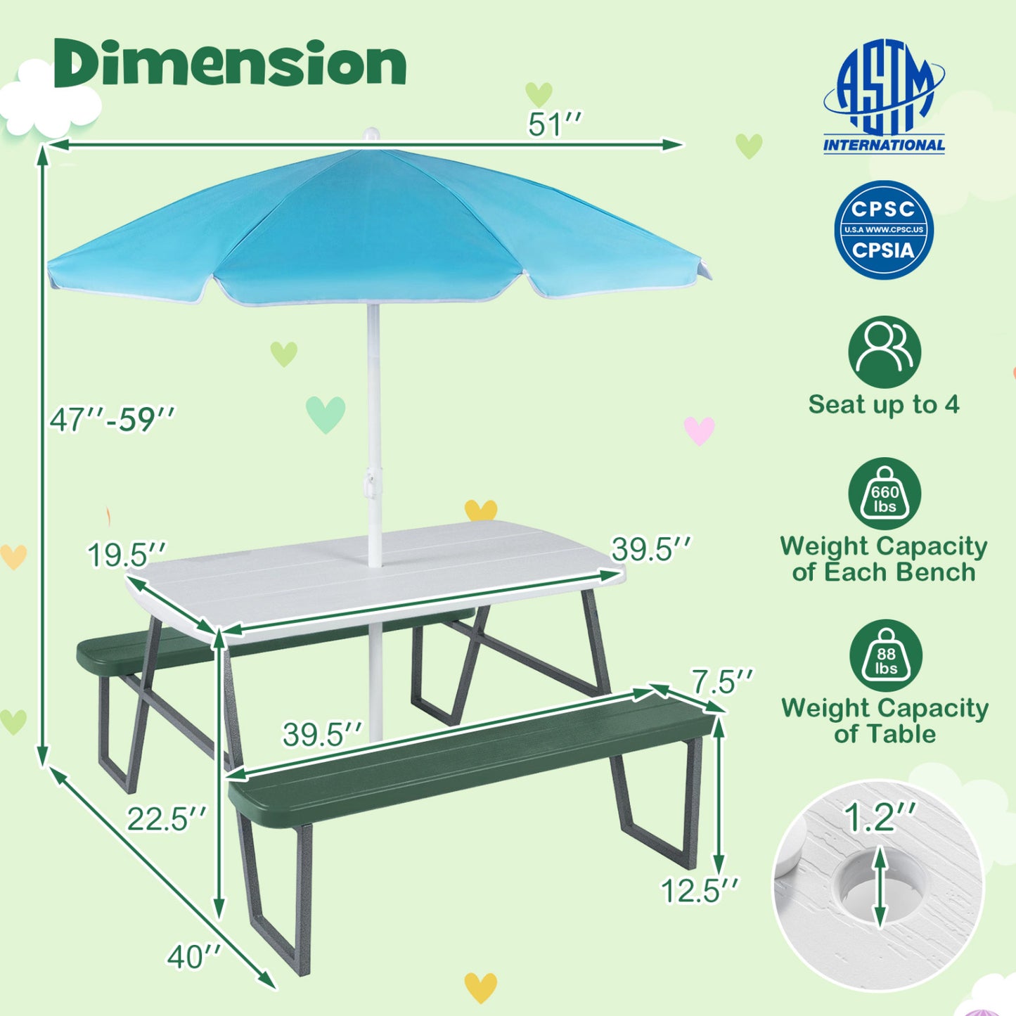 Kids Picnic Table with Benches and Umbrella - Seats 4