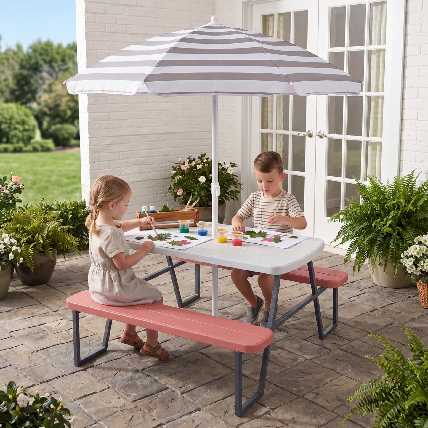 Kids Picnic Table with Benches and Umbrella - Seats 4