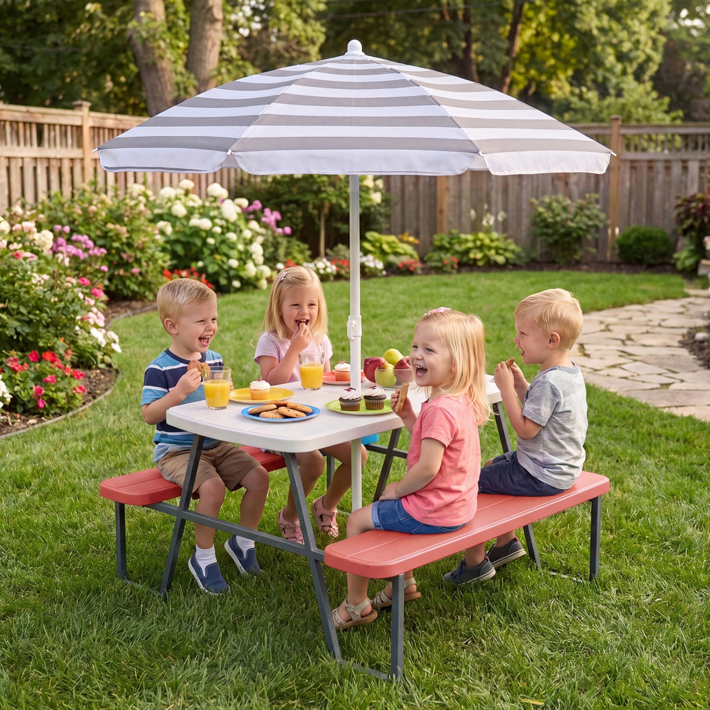 Kids Picnic Table with Benches and Umbrella - Seats 4