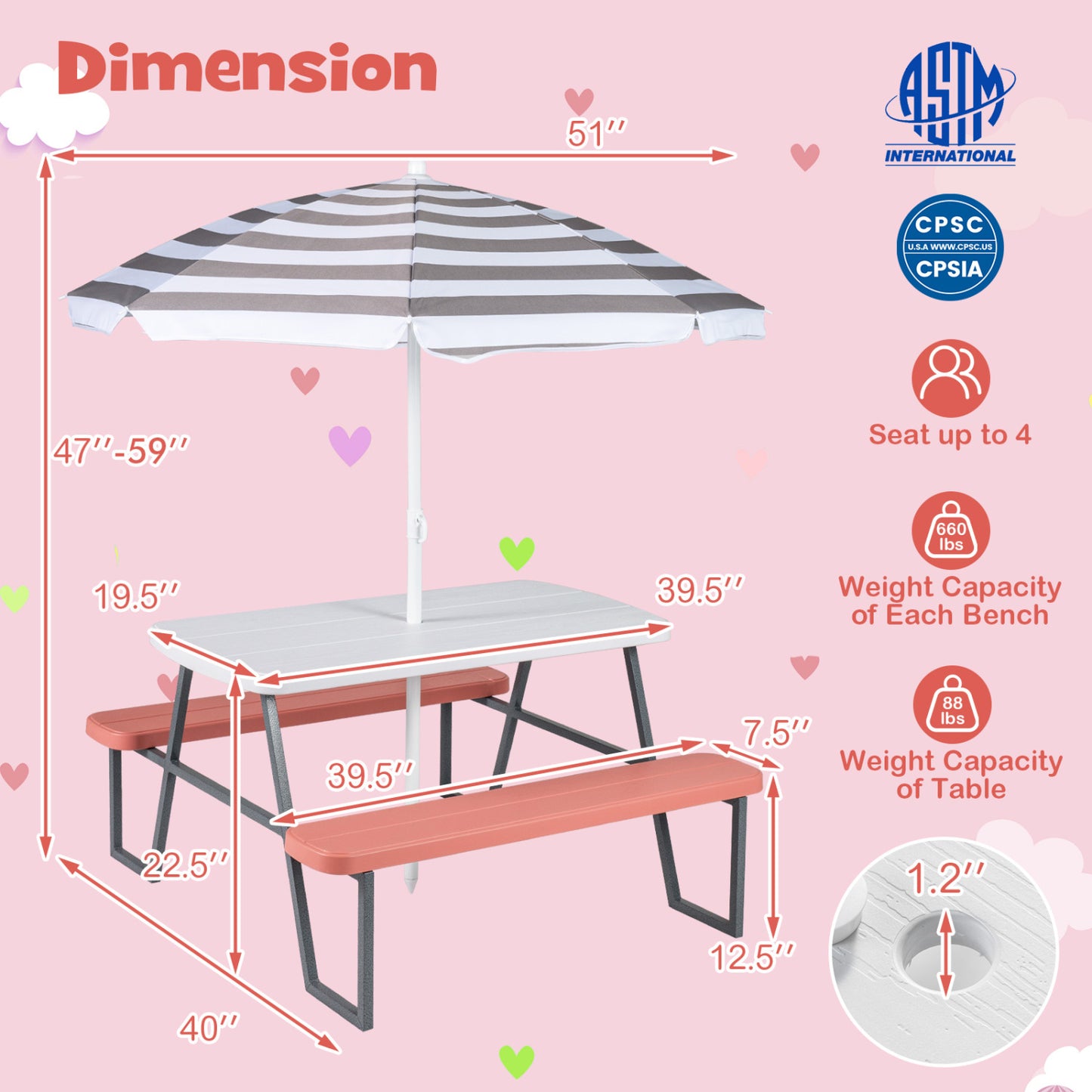 Kids Picnic Table with Benches and Umbrella - Seats 4