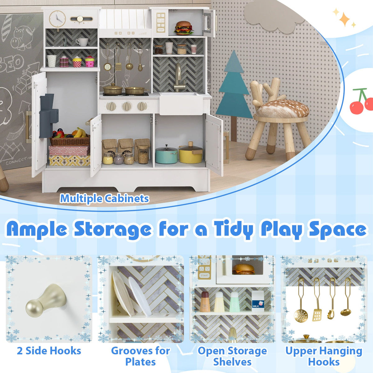 Kids Play Kitchen with Stoves and Faucet for Girls Boys Aged 3-6