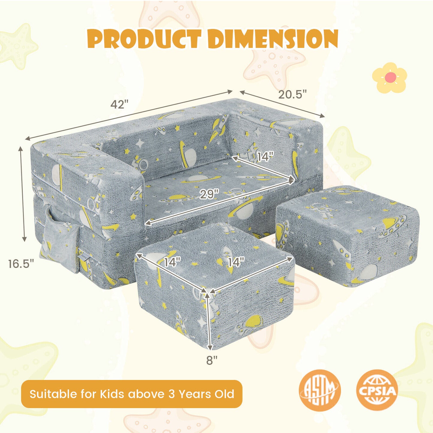 Kids Play Sofa with Ottoman and Washable Cover