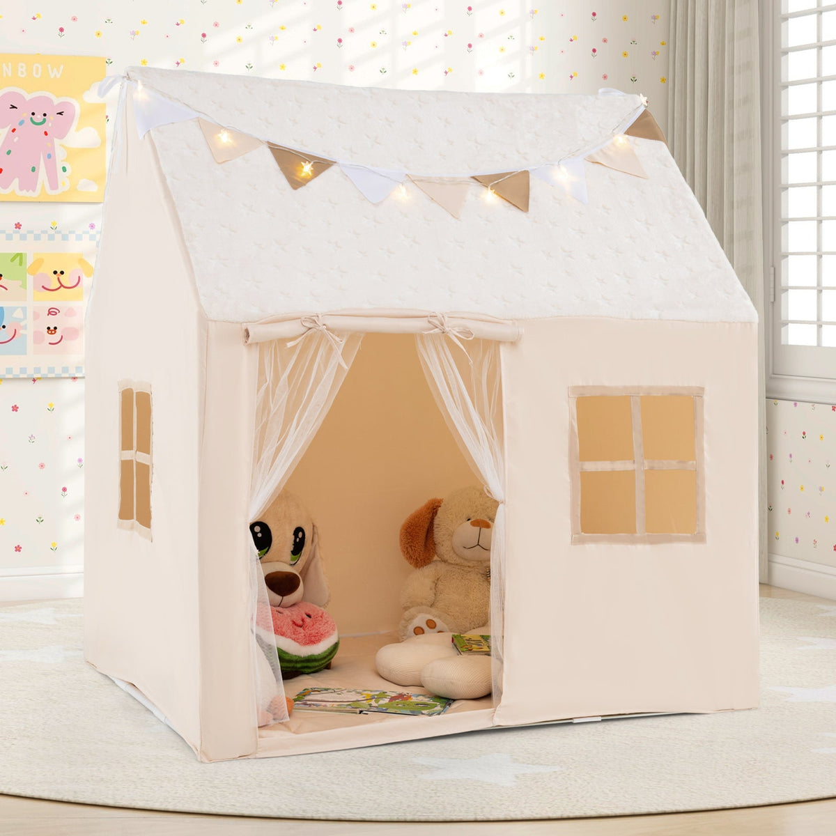 Kids Play Tent Large Playhouse with Glow in the Dark Stars and Mat-Beige