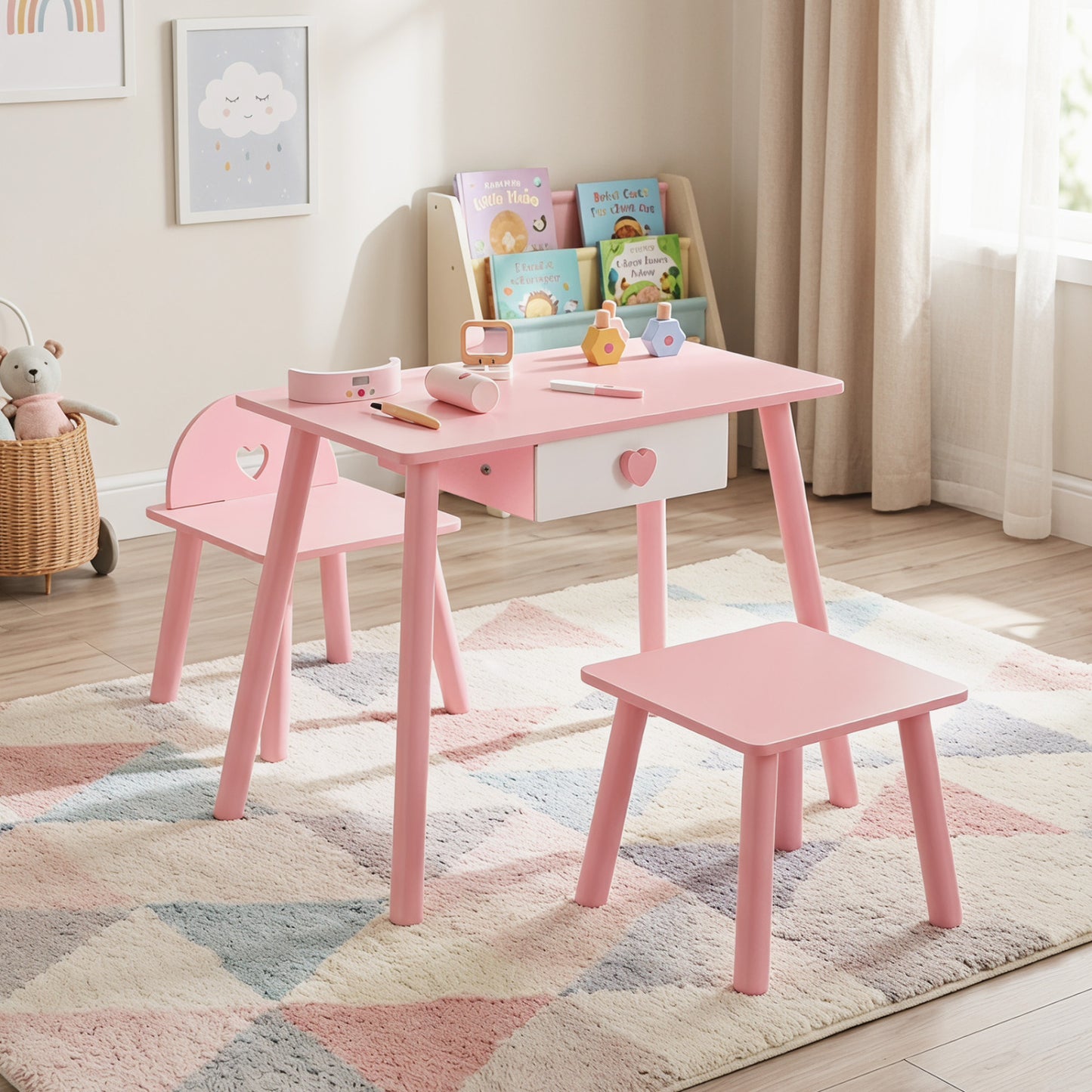 Kids Pretend Nail Salon Playset with Table and Stools - Pink