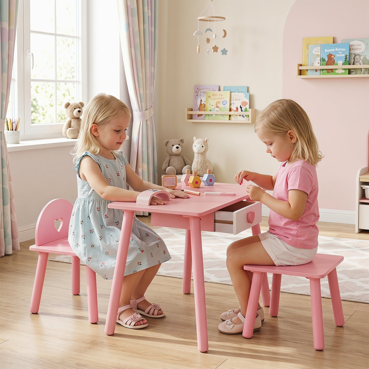 Kids Pretend Nail Salon Playset with Table and Stools - Pink