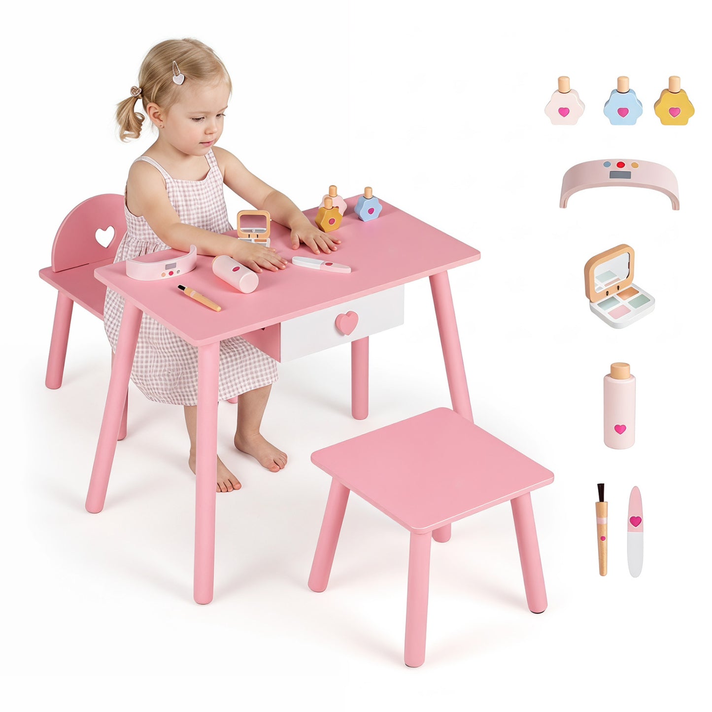 Kids Pretend Nail Salon Playset with Table and Stools - Pink