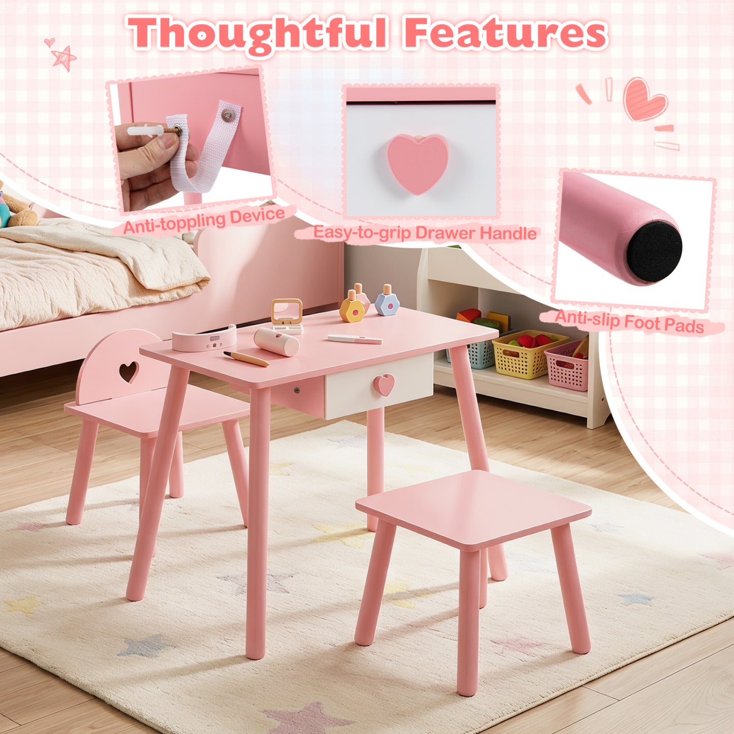 Kids Pretend Nail Salon Playset with Table and Stools - Pink