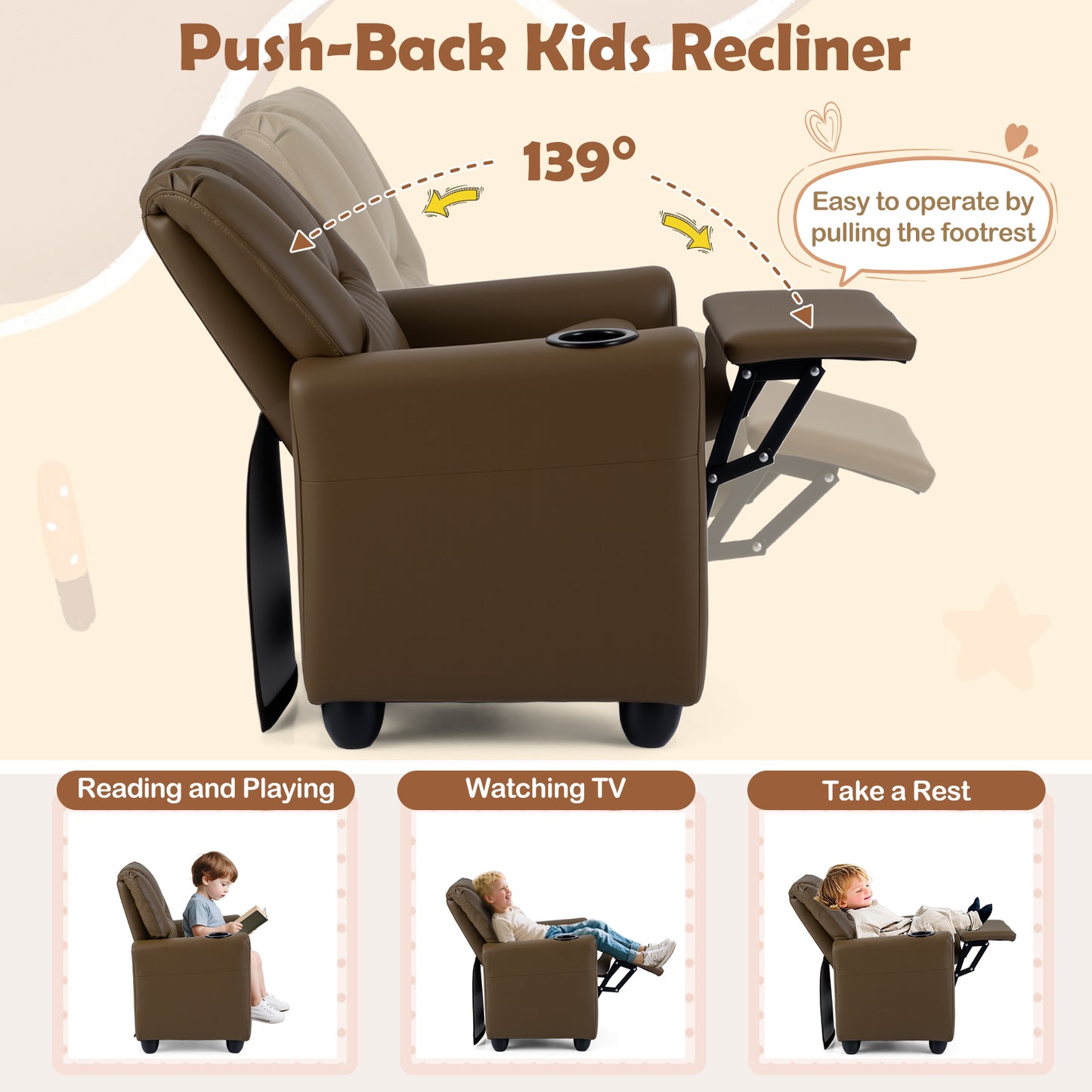 Kids Recliner Chair with Cup Holder and Footrest
