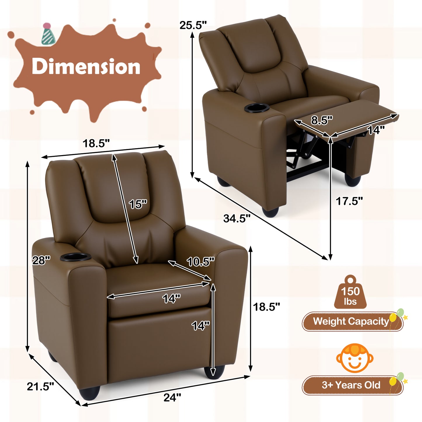 Kids Recliner Chair with Cup Holder and Footrest