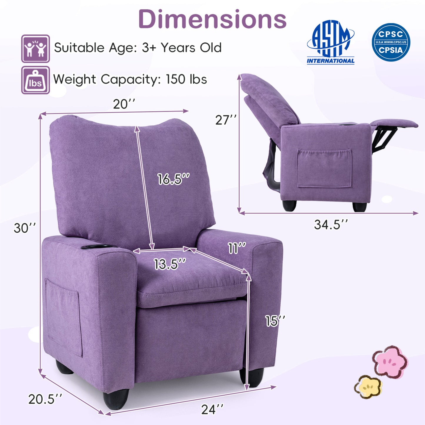 Kids Recliner Chair with Adjustable Footrest and Cup Holder
