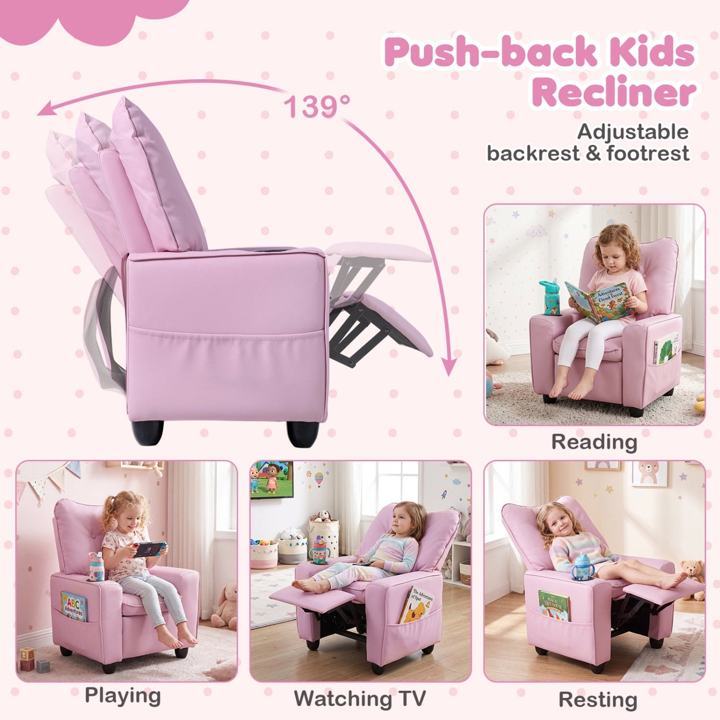 Kids Recliner Chair with Cup Holder and Adjustable Backrest