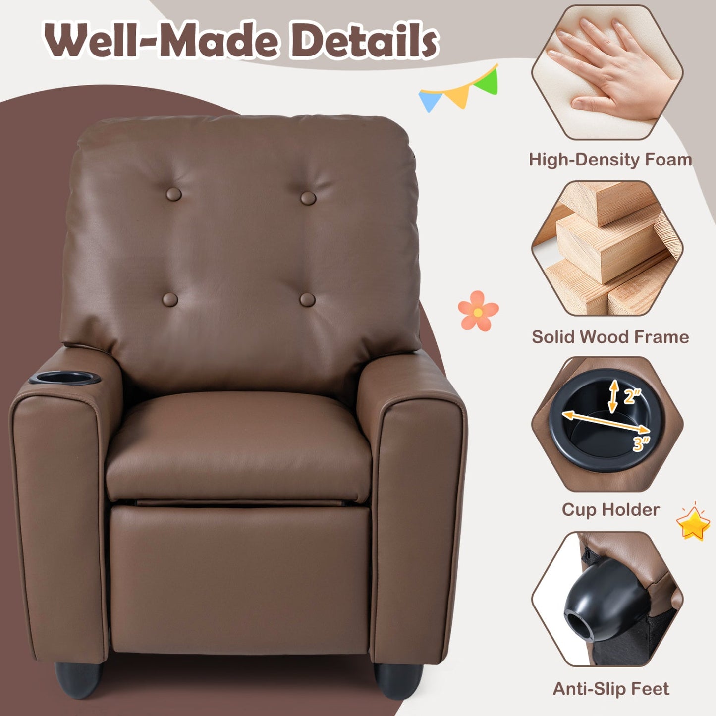 Kids Recliner Chair with Cup Holder & Adjustable Backrest