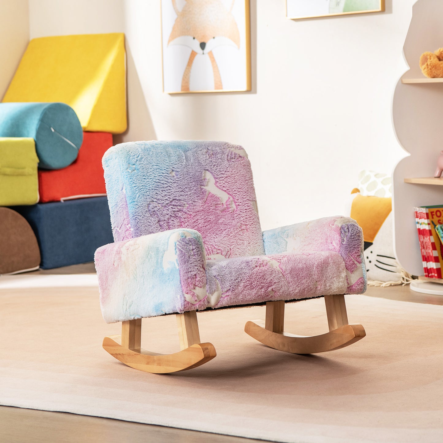 Kids Rocking Chair with Glow-in-Dark Design & Poplar Wood Base