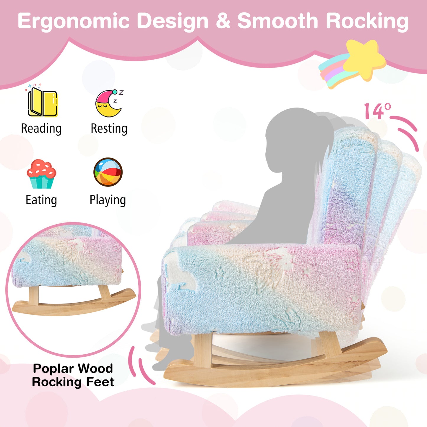 Kids Rocking Chair with Glow-in-Dark Design & Poplar Wood Base