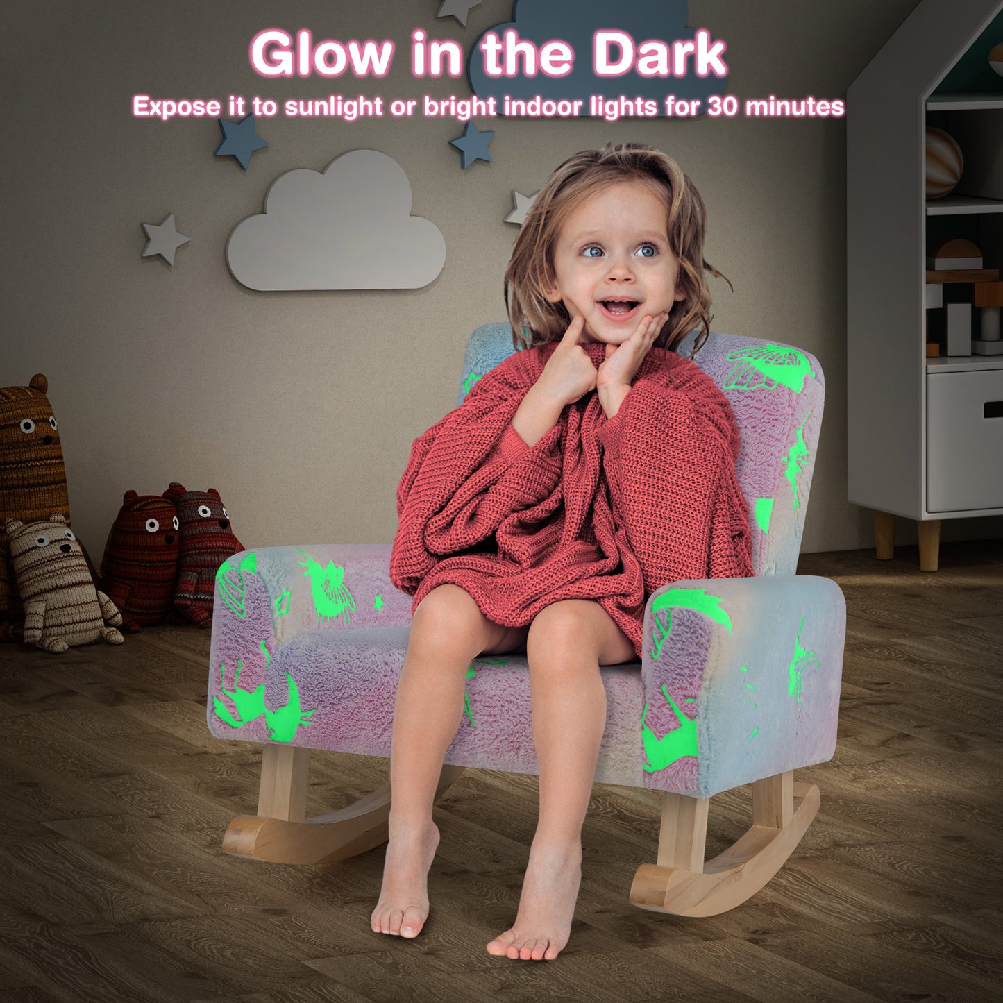 Kids Rocking Chair with Glow-in-Dark Design & Poplar Wood Base