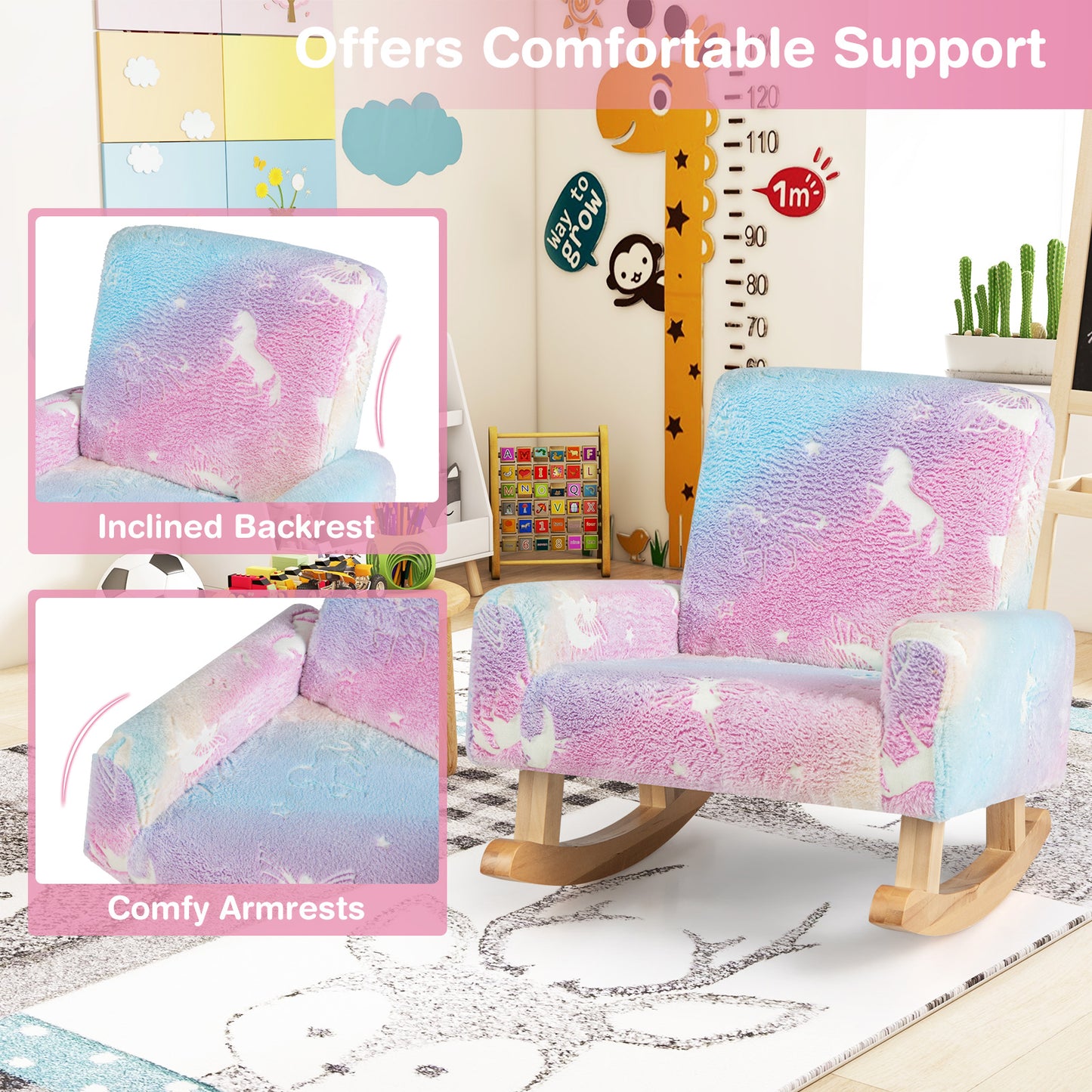 Kids Rocking Chair with Glow-in-Dark Design & Poplar Wood Base