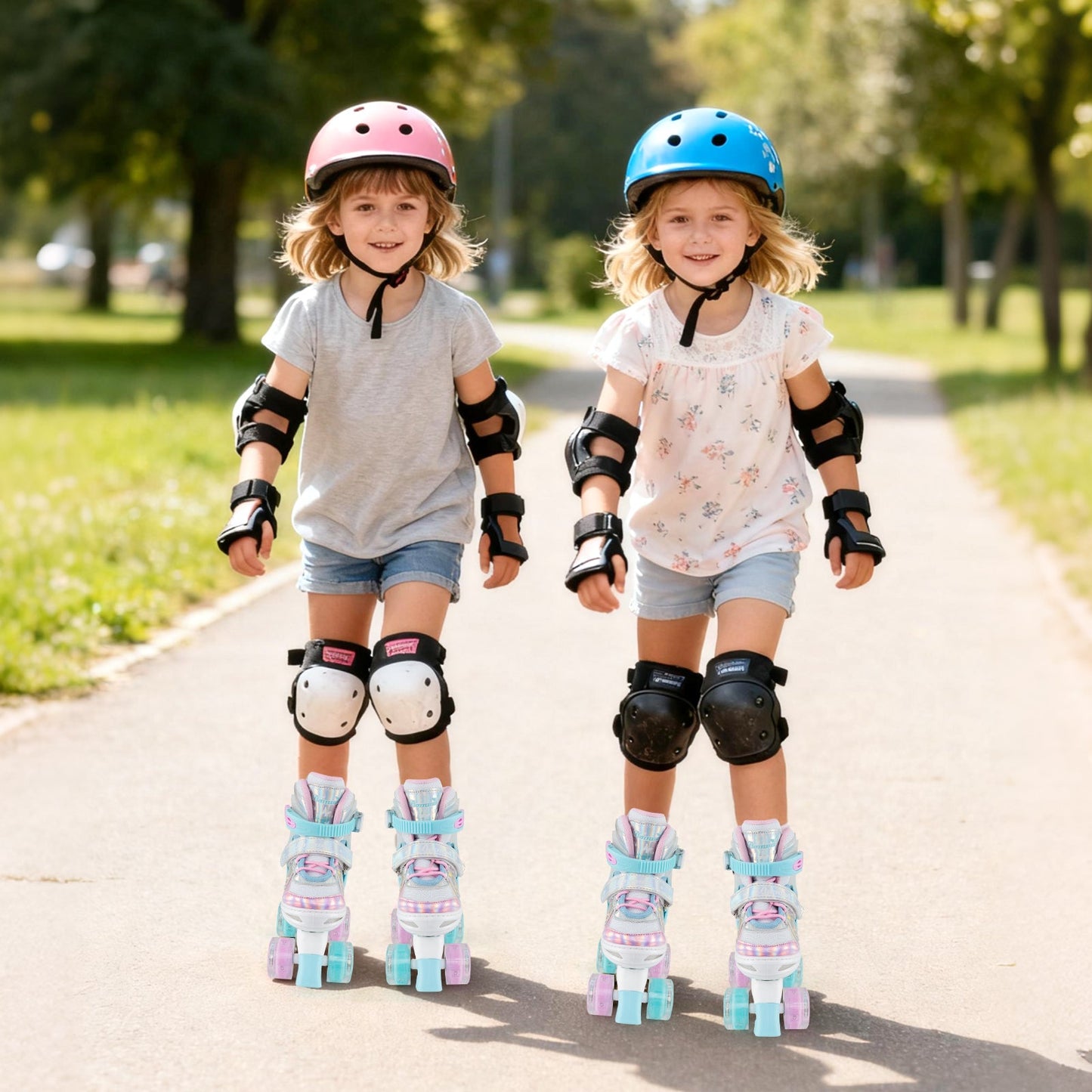 Kids Roller Skates 4 Sizes Adjustable Quad Skates with Light-up Wheels and Safety Protection