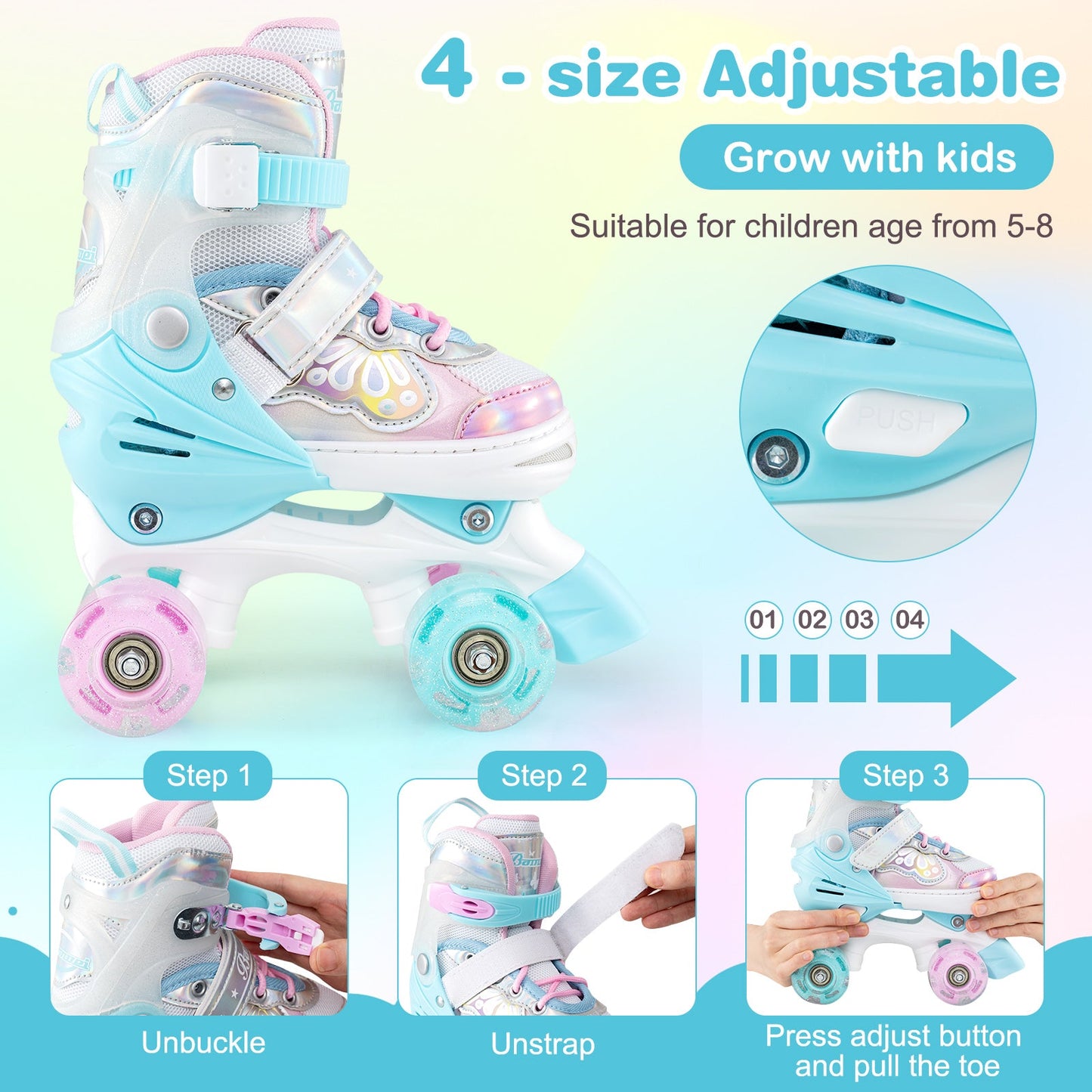 Kids Roller Skates 4 Sizes Adjustable Quad Skates with Light-up Wheels and Safety Protection