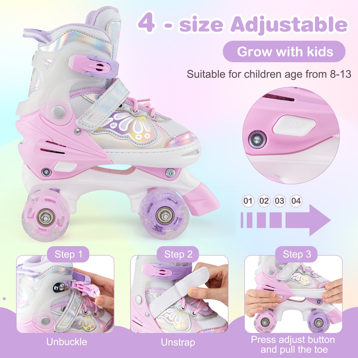 Kids Roller Skates 4 Sizes Adjustable Quad Skates with Light-up Wheels