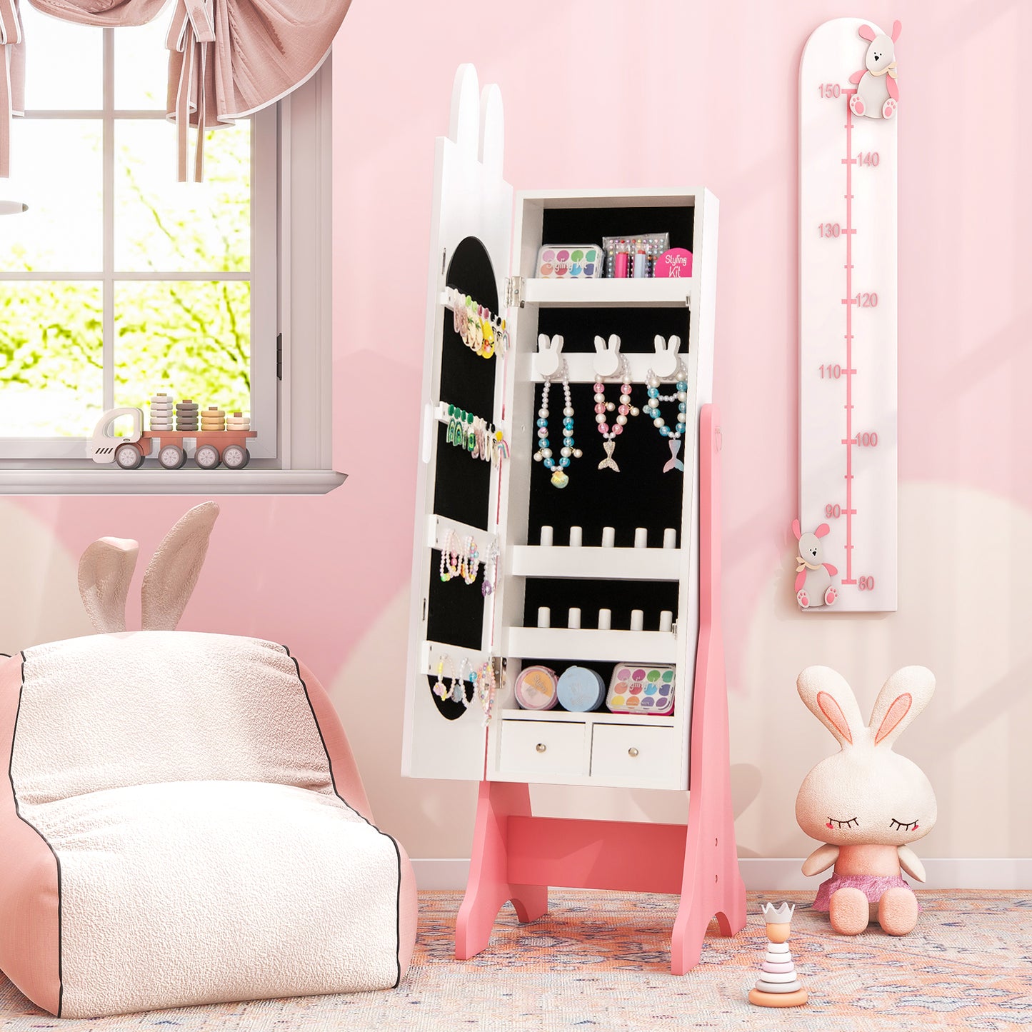 Kids Vanity Table Set with Mirror, Chair & Jewelry Armoire