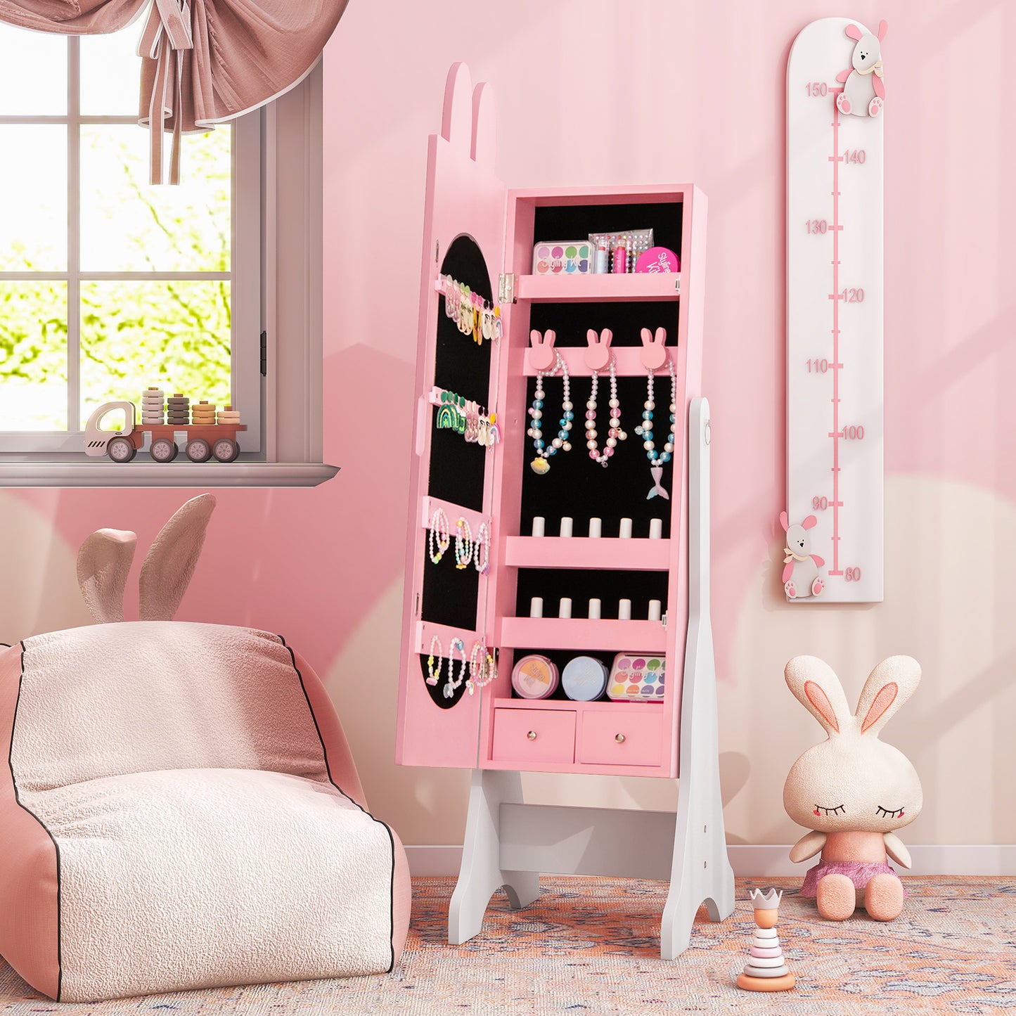 Kids Vanity Table Set with Mirror, Chair & Jewelry Armoire