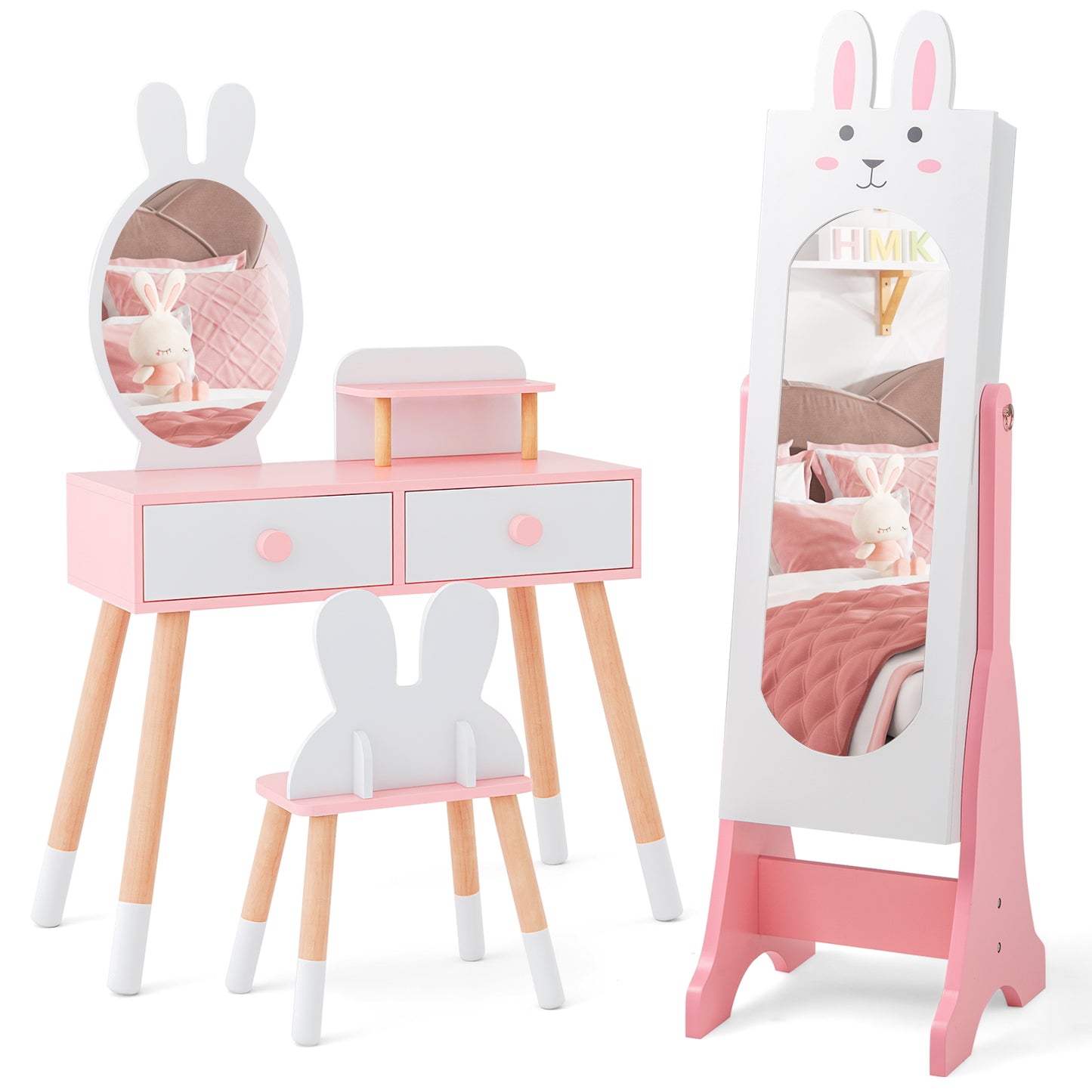 Kids Vanity Table Set with Mirror, Chair & Jewelry Armoire
