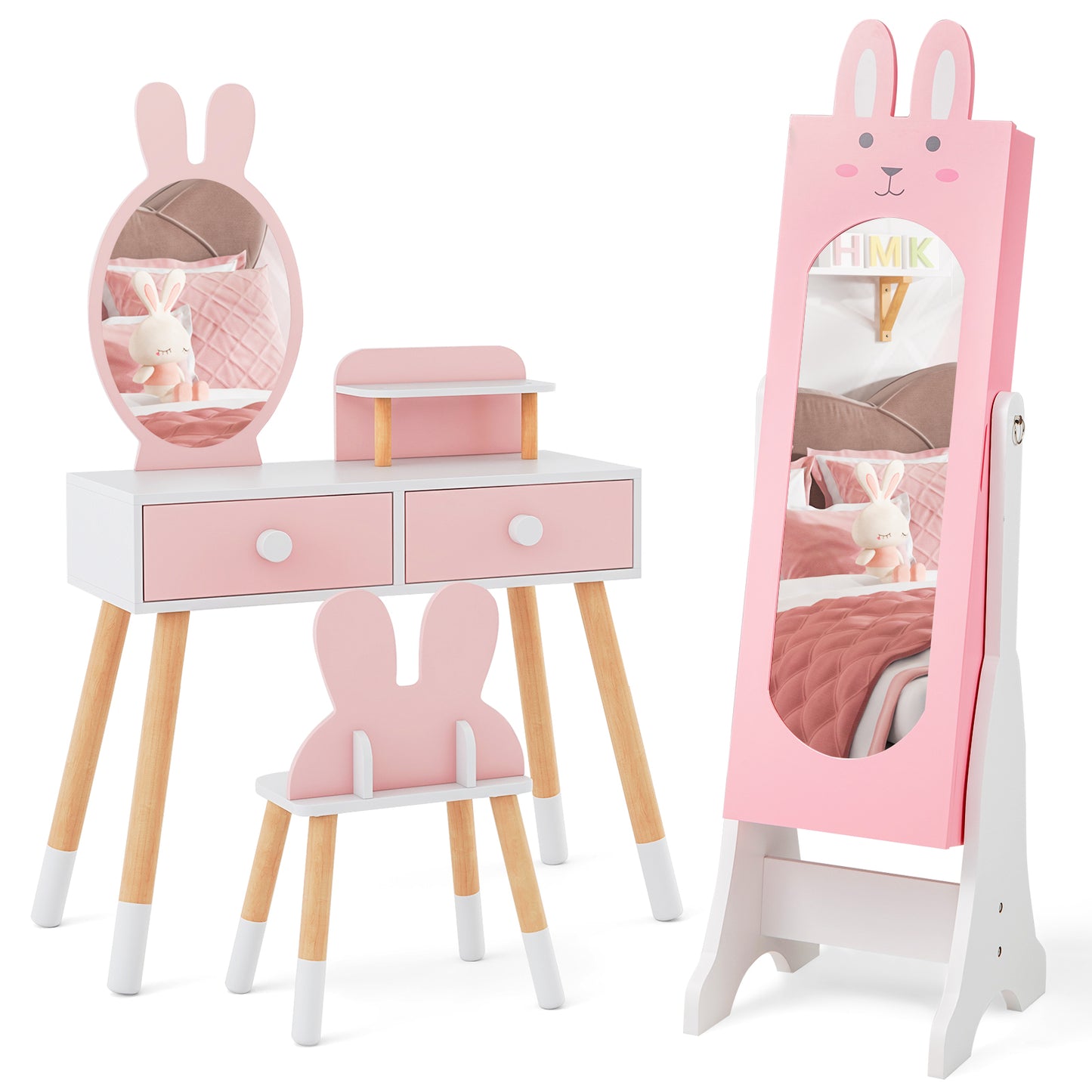 Kids Vanity Table Set with Mirror, Chair & Jewelry Armoire