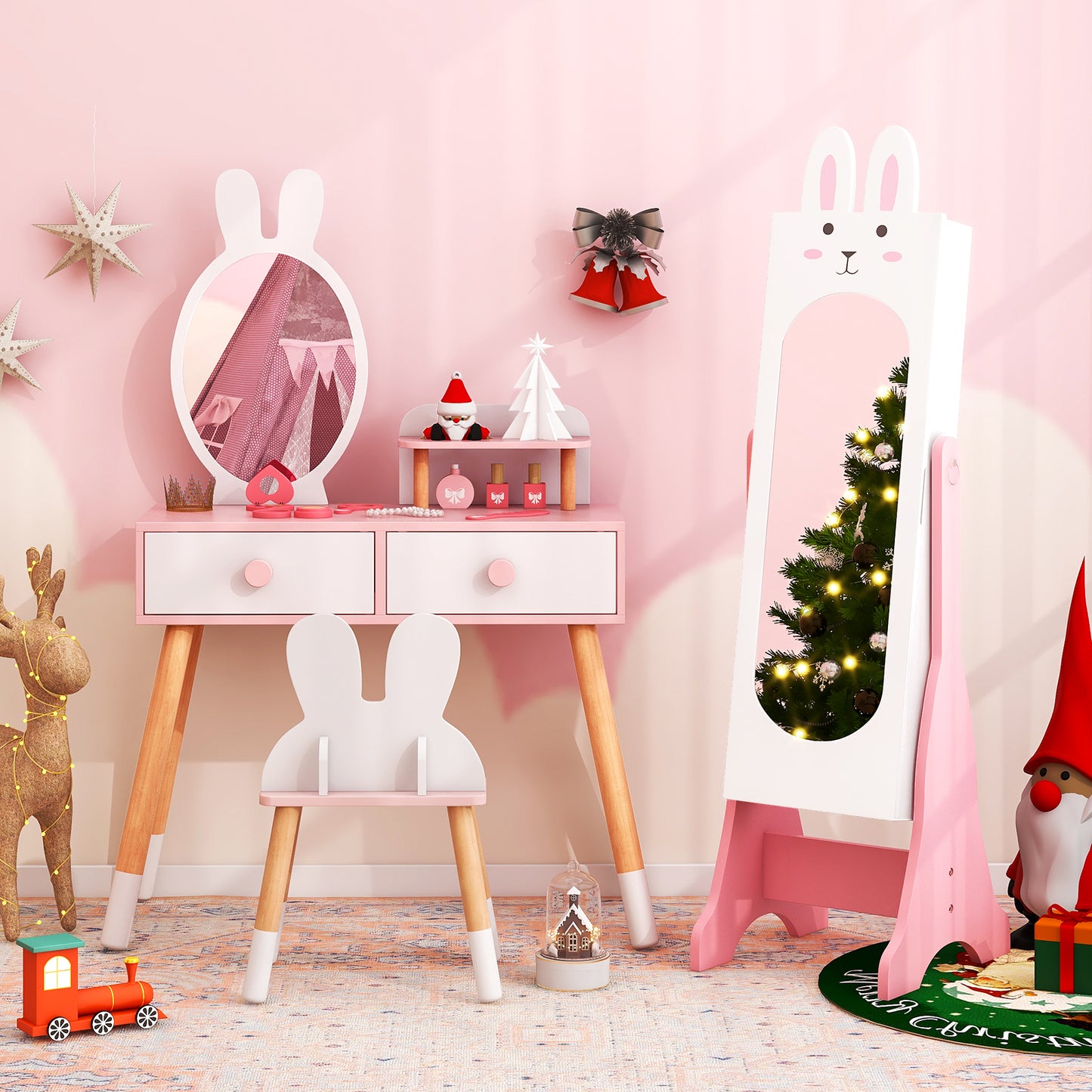 Kids Vanity Table Set with Mirror, Chair & Jewelry Armoire