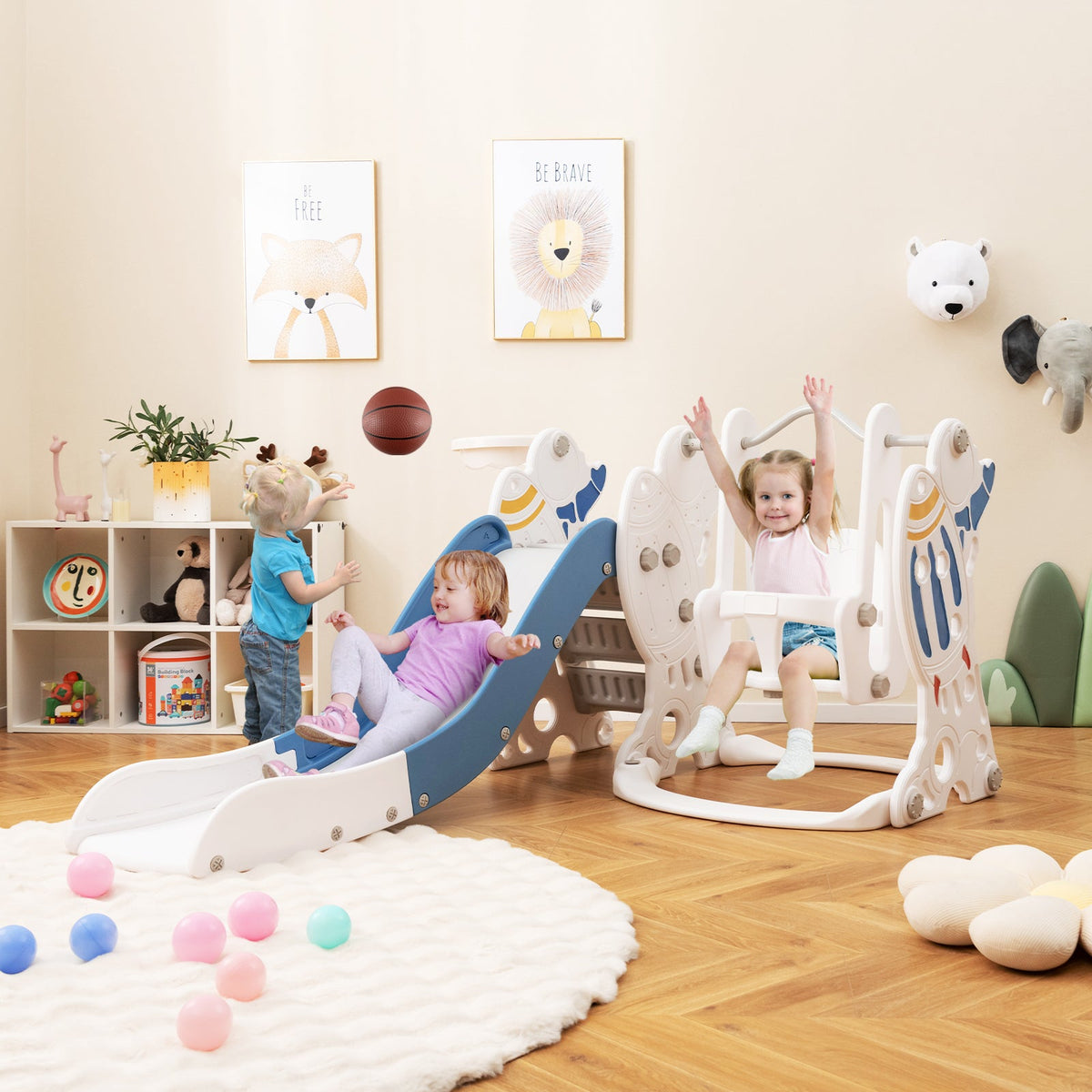 4-in-1 Kids Slide and Swing Set with Basketball Hoop