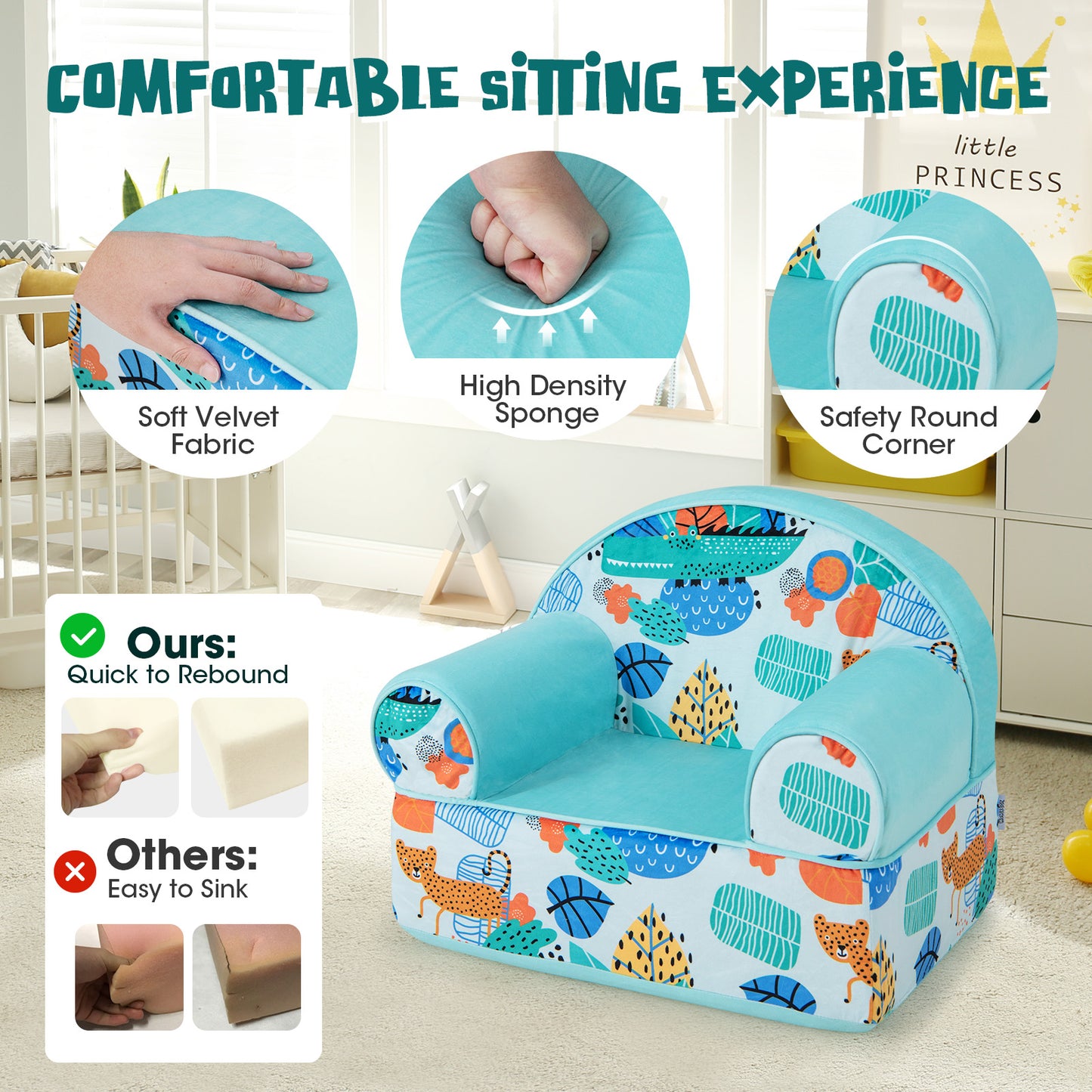 Kids Armchair with Plush Velvet Cover and Soft Sponge