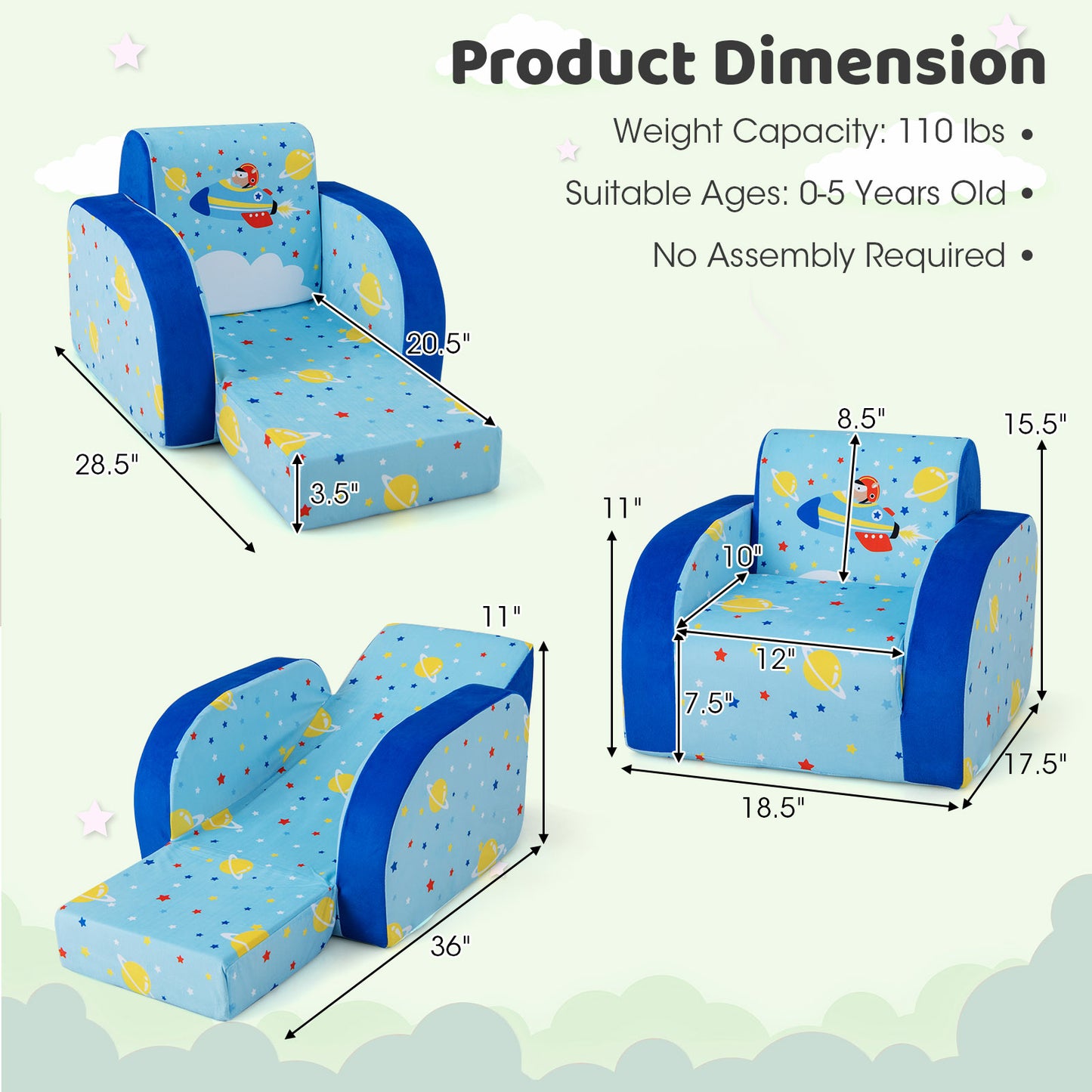 Kids Convertible Flip Sofa 3-in-1 Chair Bed Lounge