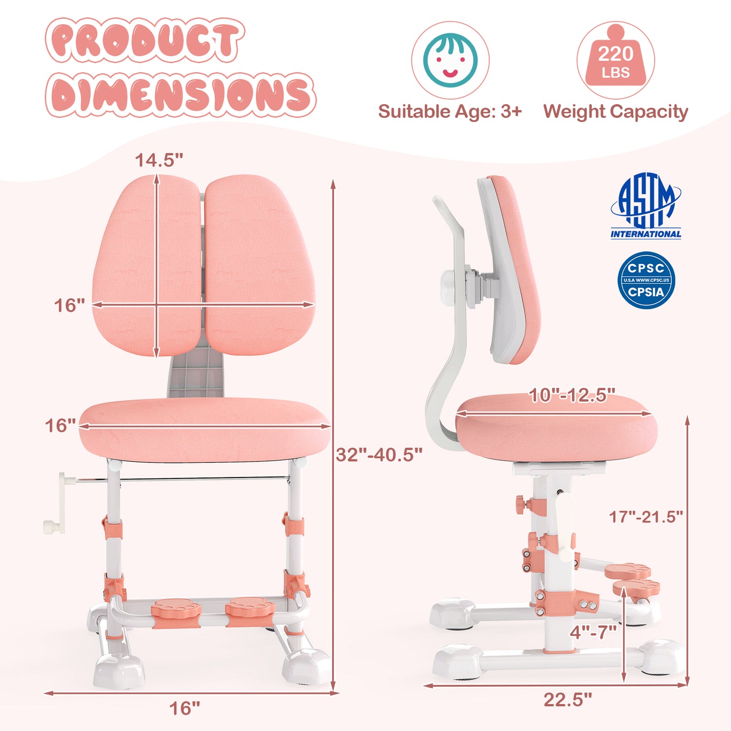 Adjustable Kids Study Chair with Double Backrest and Footrest