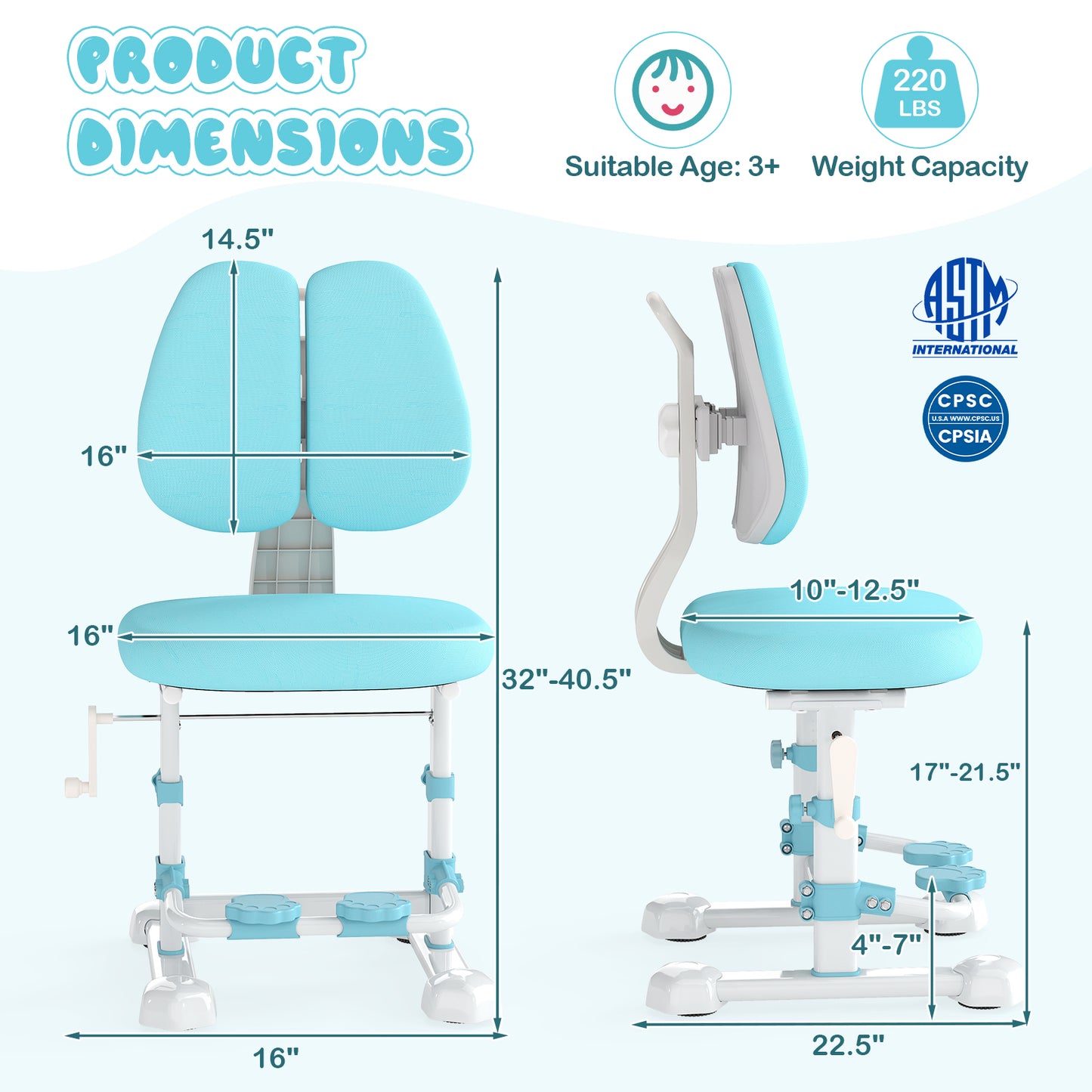 Adjustable Kids Study Chair with Double Backrest and Footrest