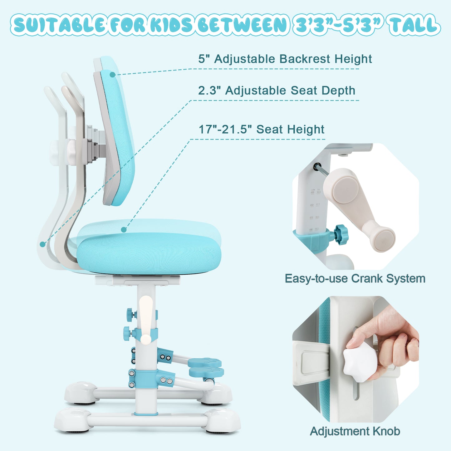 Adjustable Kids Study Chair with Double Backrest and Footrest