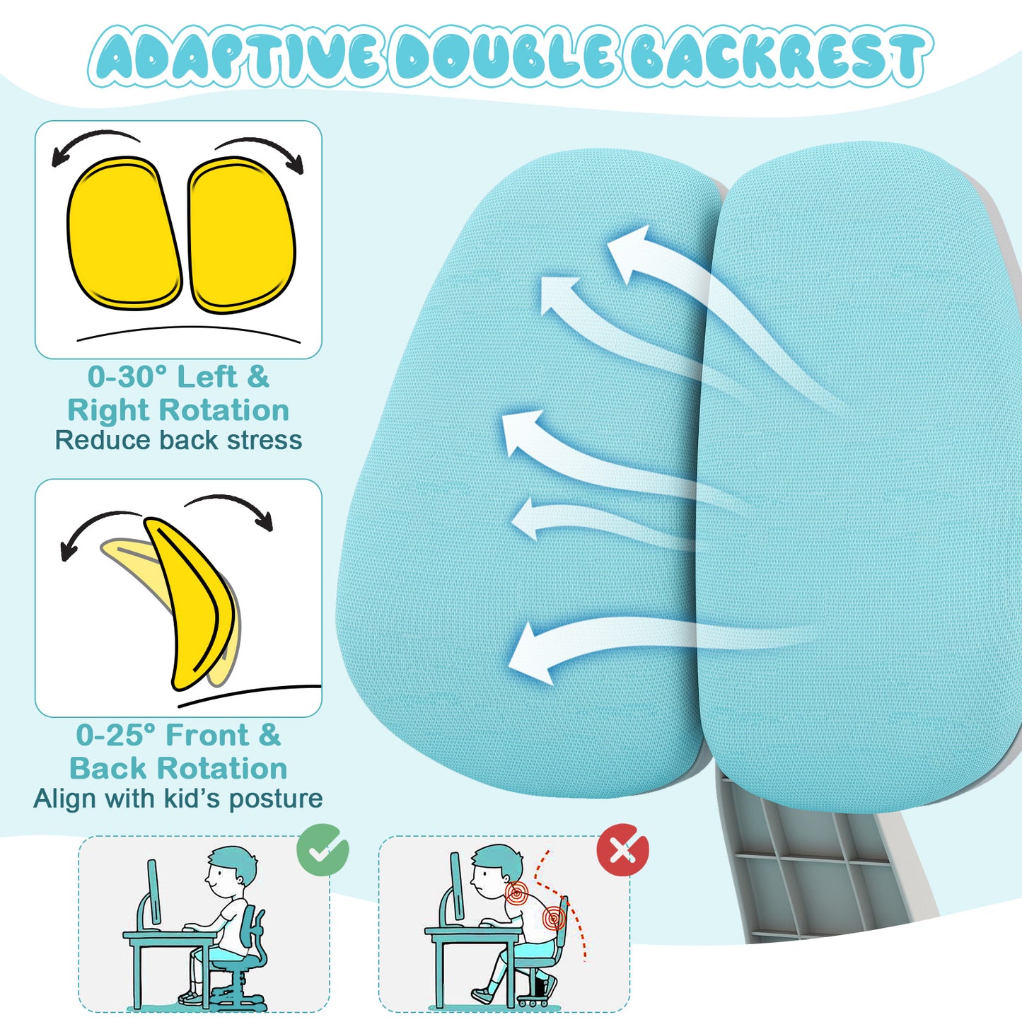 Adjustable Kids Study Chair with Double Backrest and Footrest