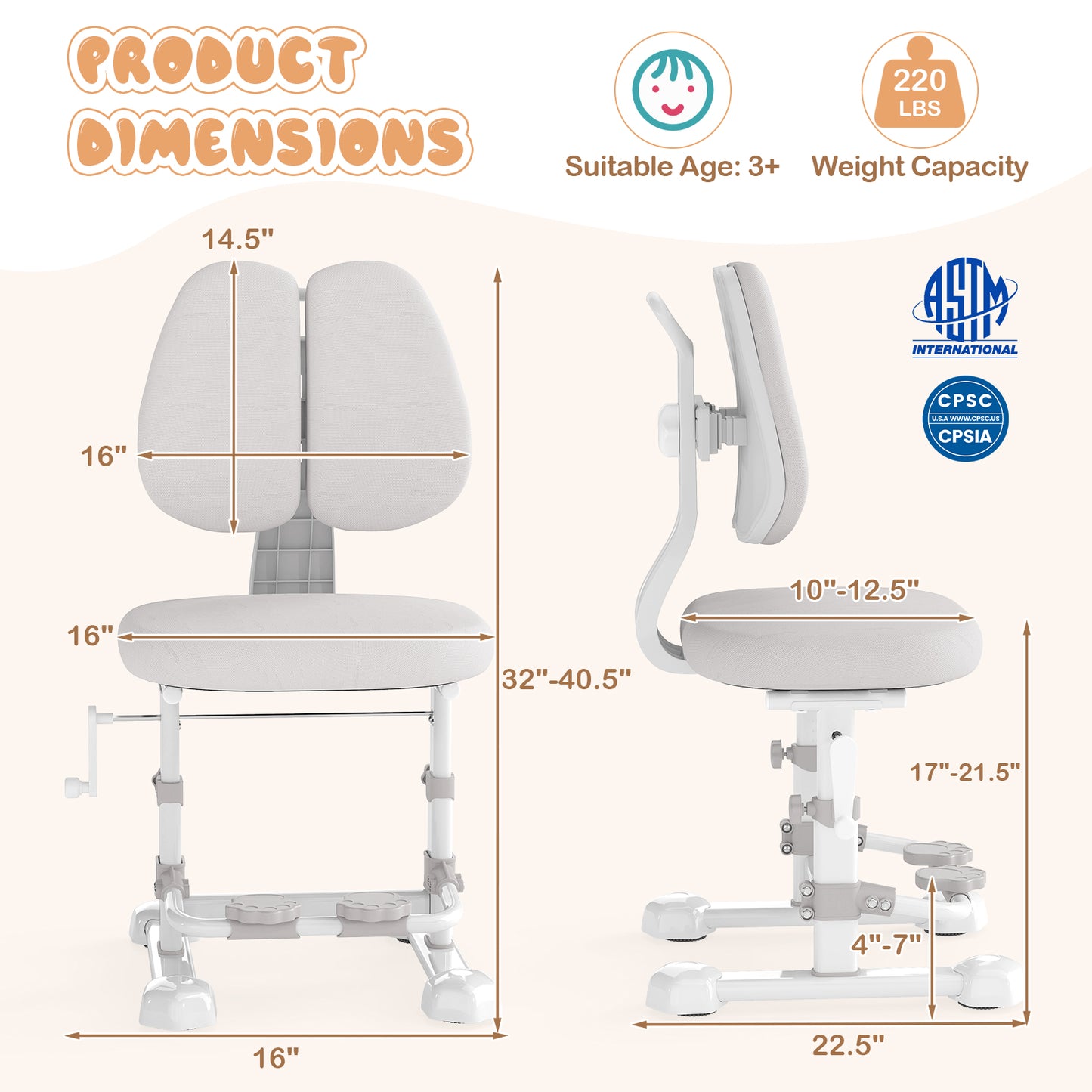 Adjustable Kids Study Chair with Double Backrest and Footrest