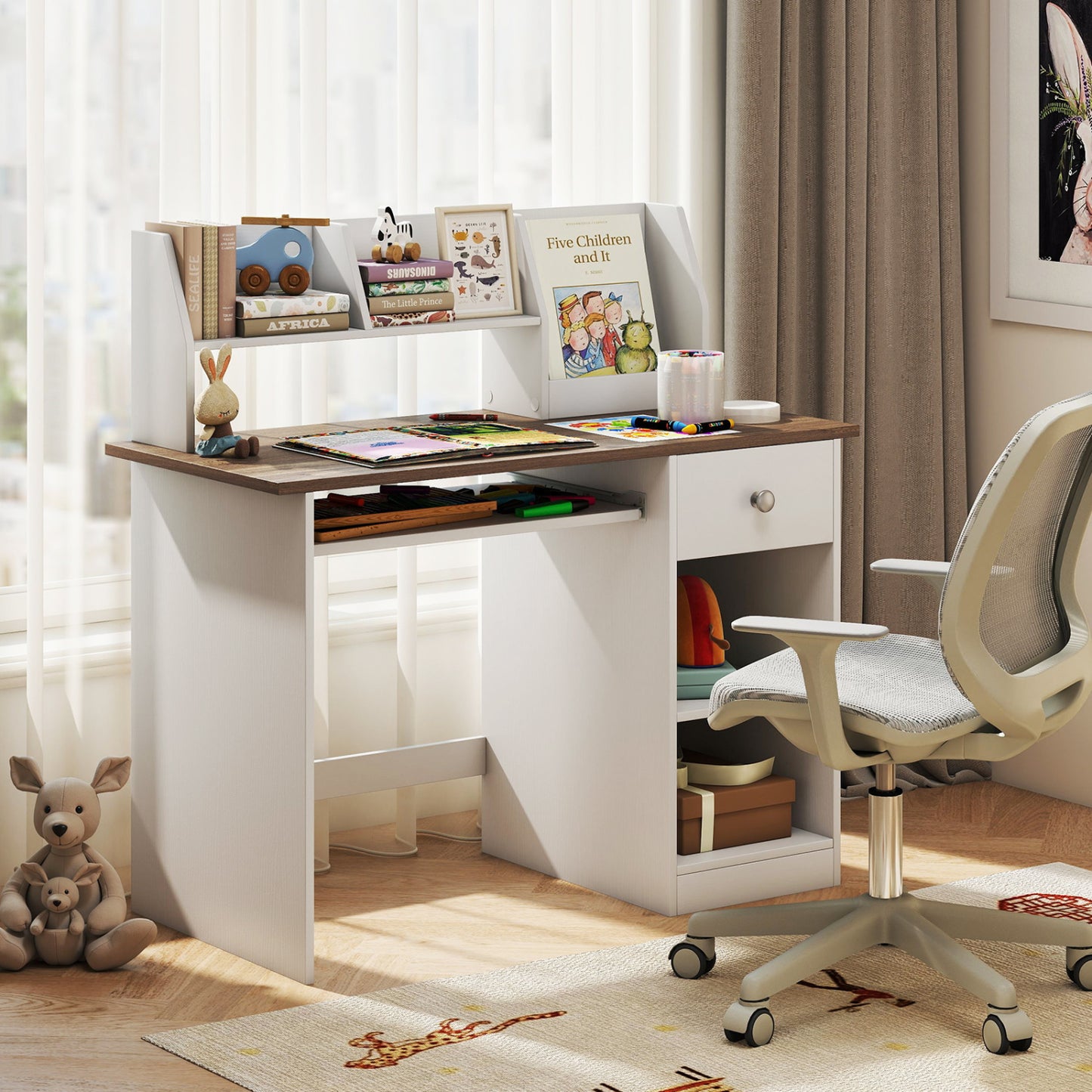Kids Study Desk with Hutch, Drawer & Keyboard Tray