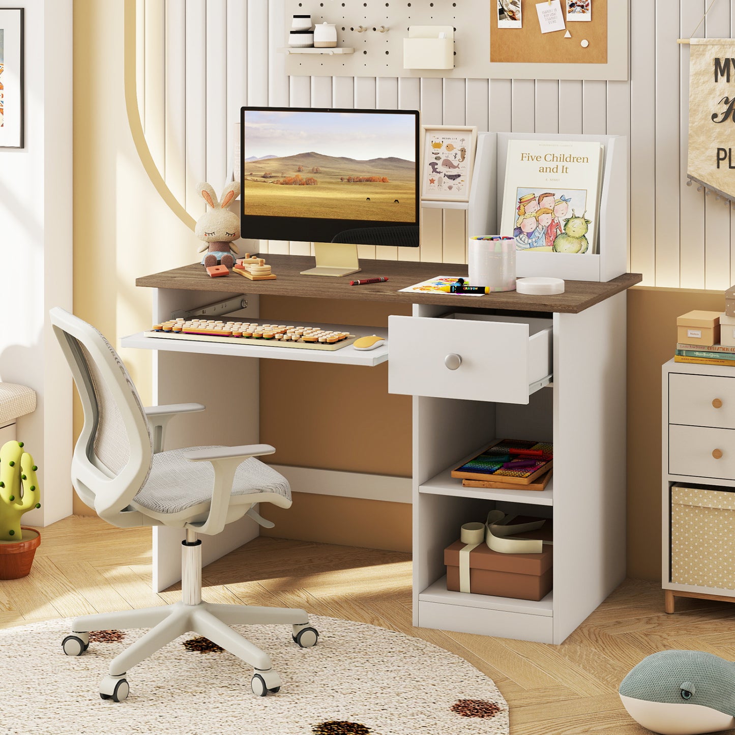 Kids Study Desk with Hutch, Drawer & Keyboard Tray