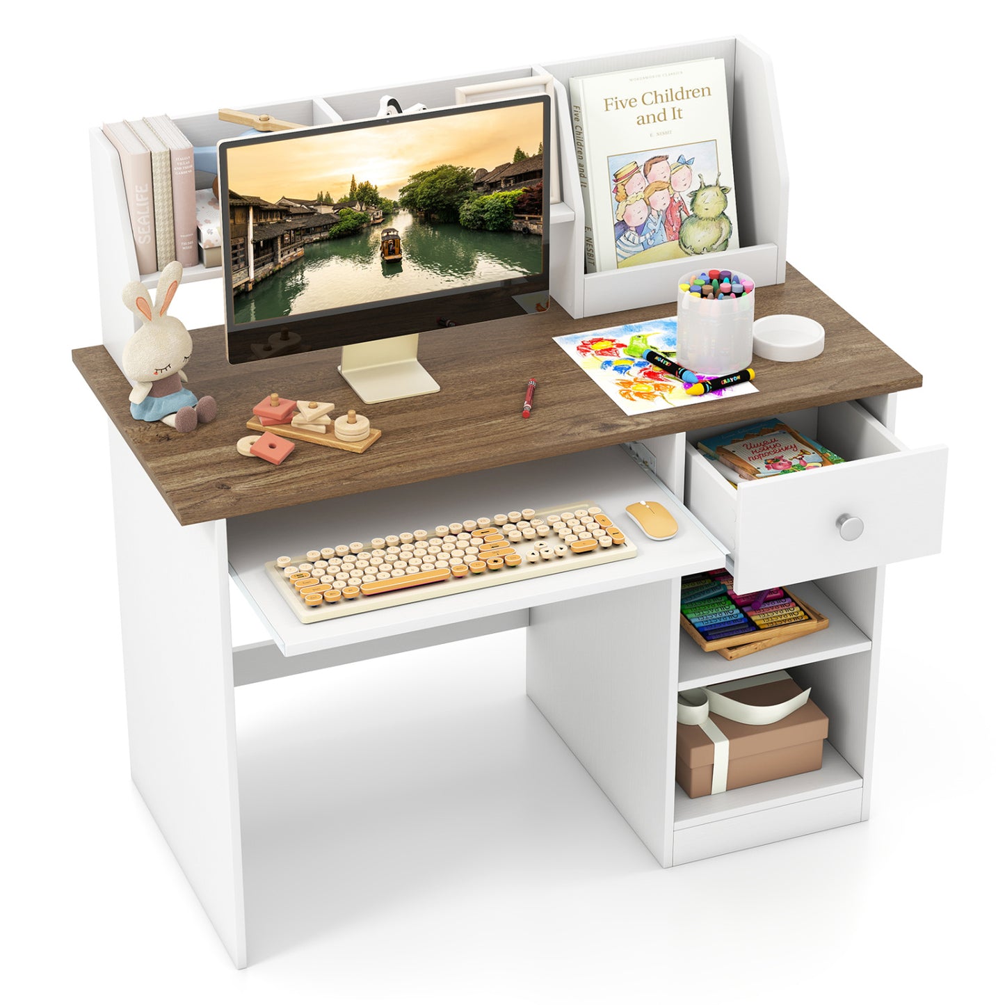 Kids Study Desk with Hutch, Drawer & Keyboard Tray