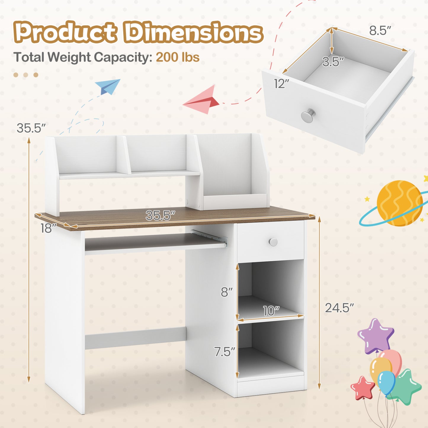 Kids Study Desk with Hutch, Drawer & Keyboard Tray