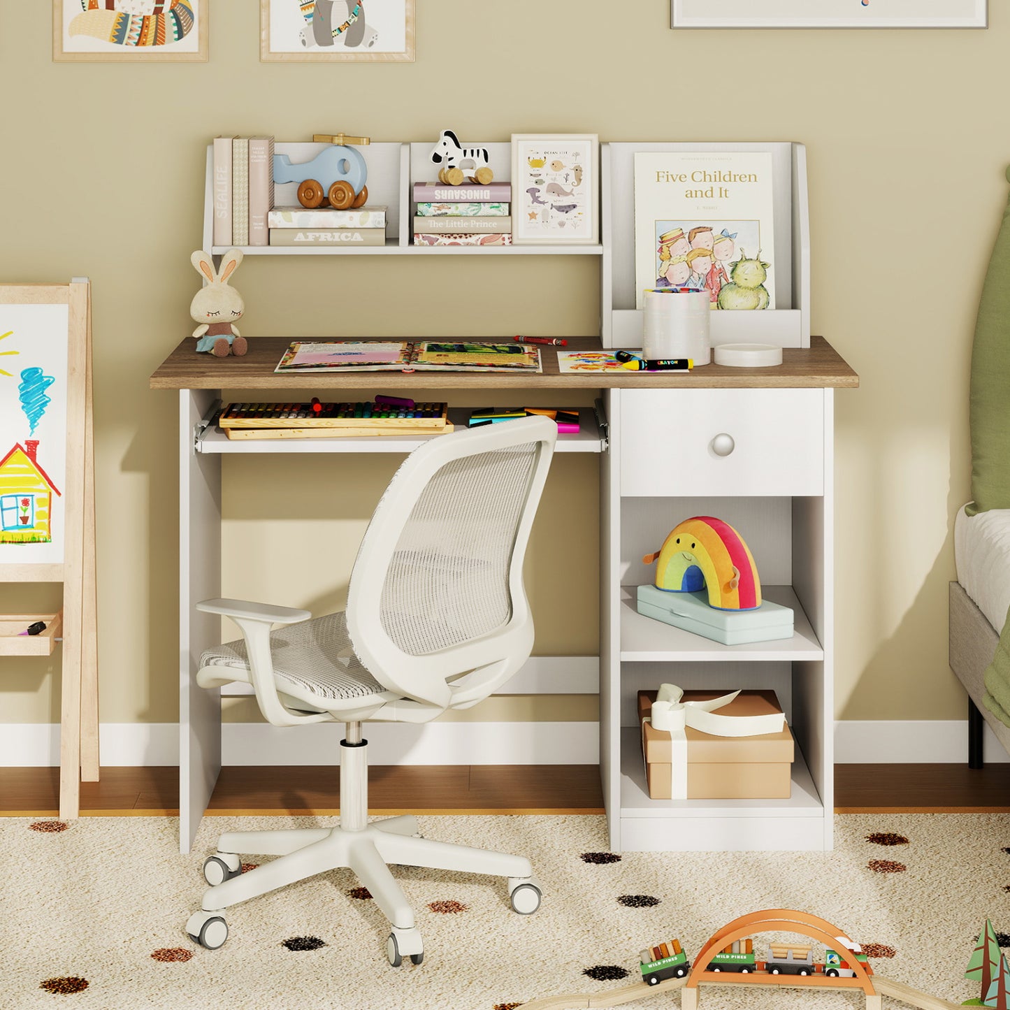 Kids Study Desk with Hutch, Drawer & Keyboard Tray