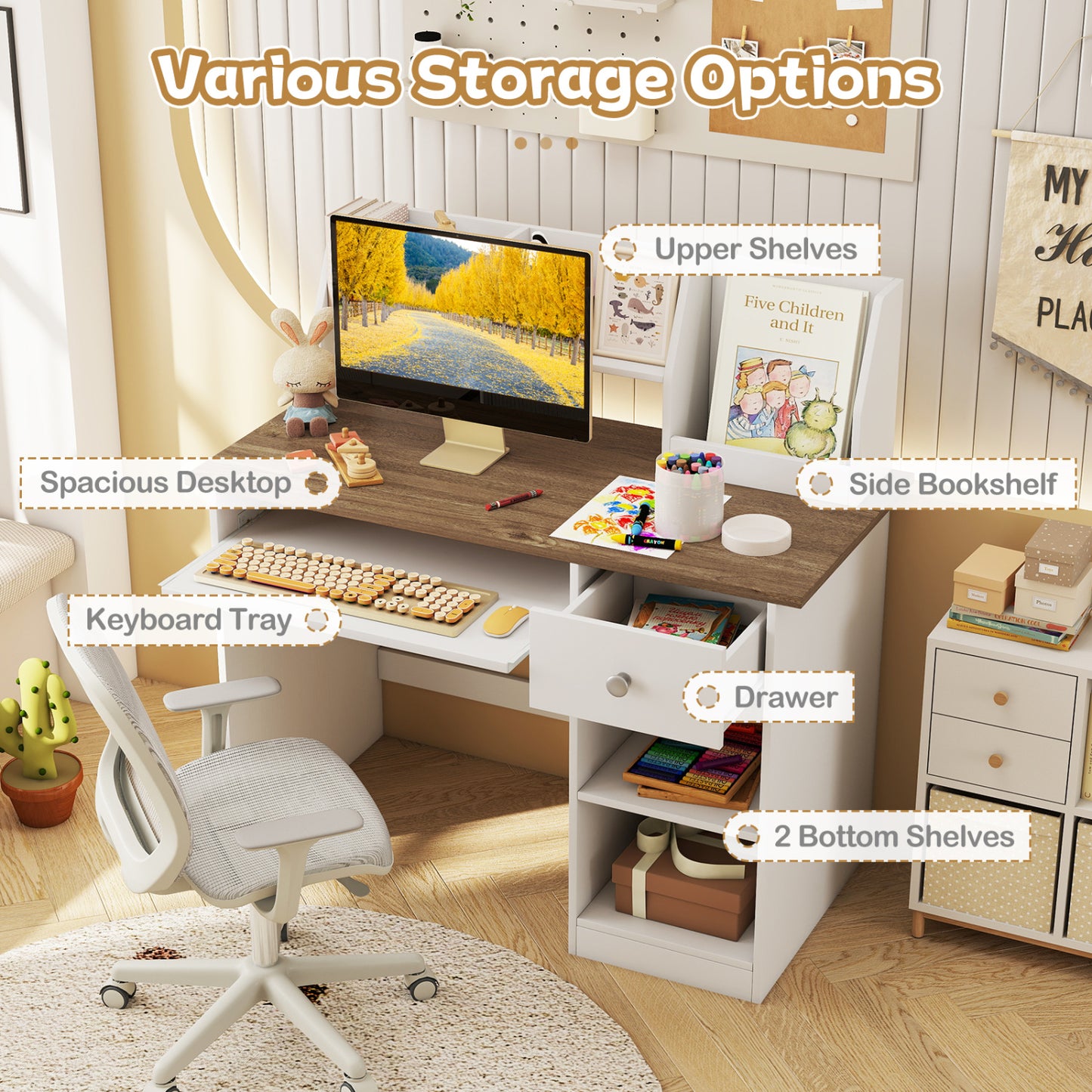 Kids Study Desk with Hutch, Drawer & Keyboard Tray