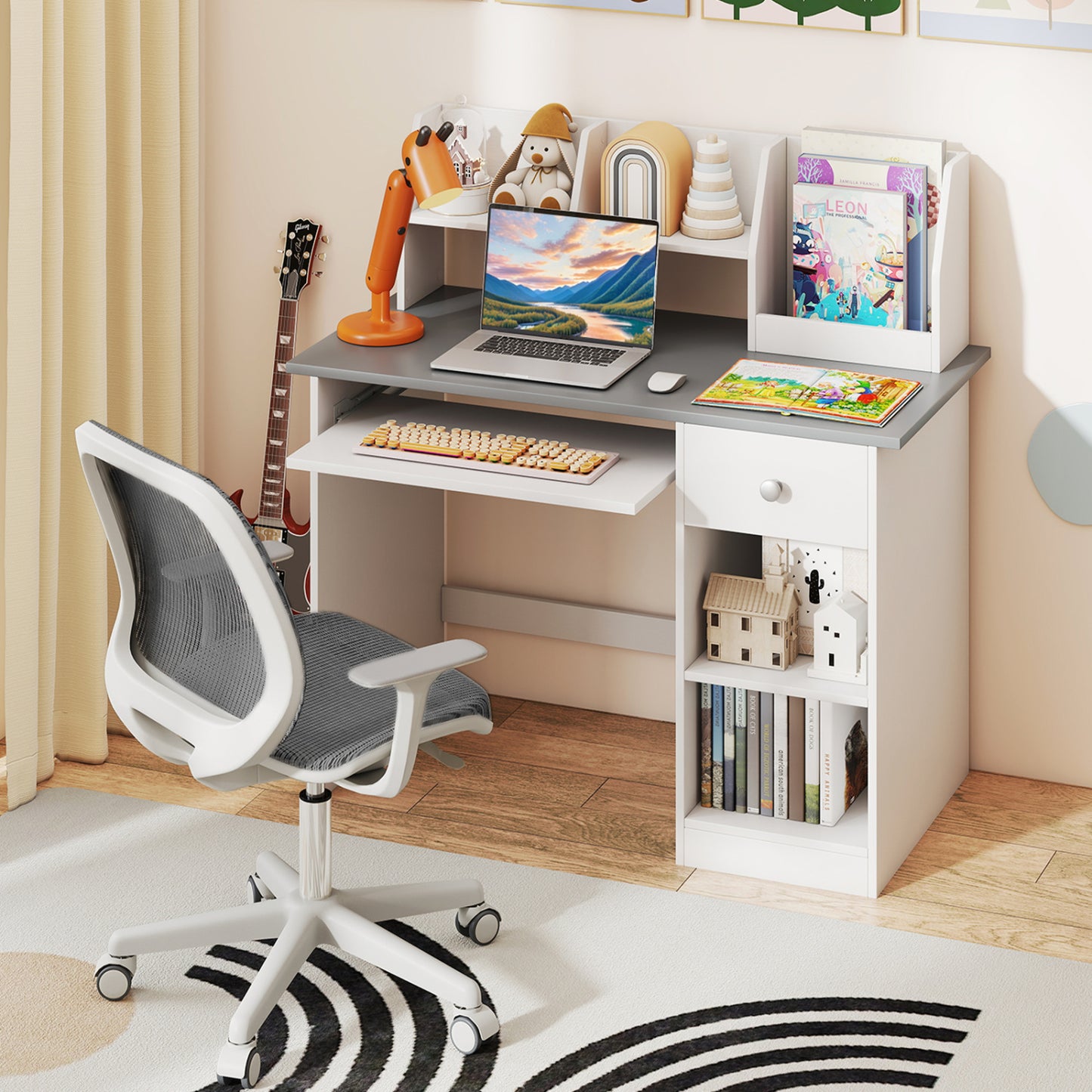 Kids Study Desk with Hutch, Drawer & Keyboard Tray