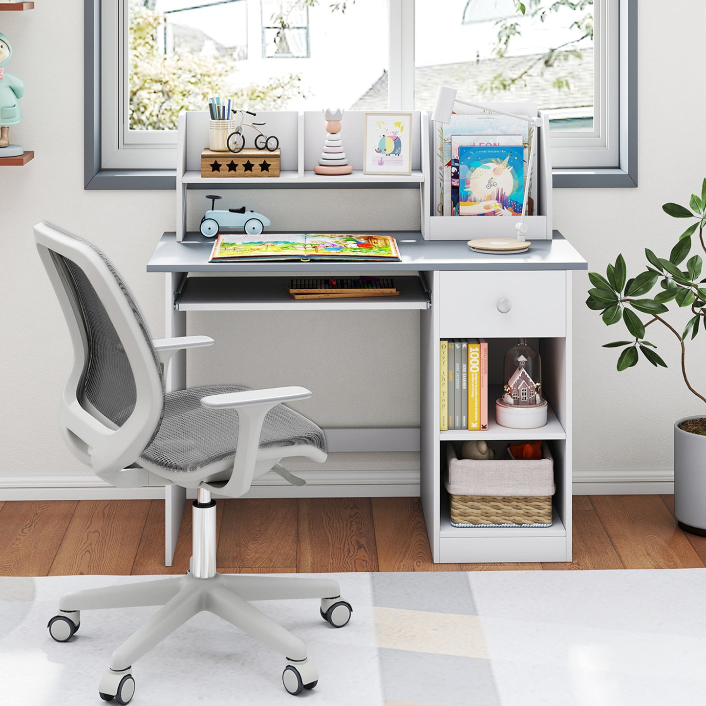 Kids Study Desk with Hutch, Drawer & Keyboard Tray